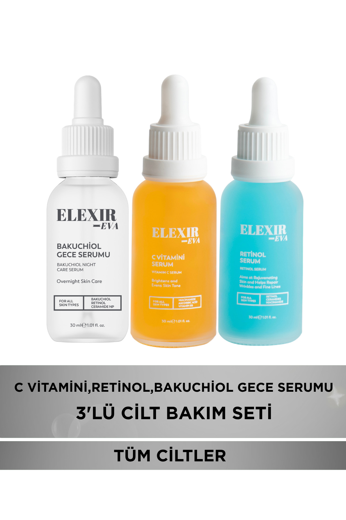 Elexir Eva 3'LÜ SERUM SETİ | C VİTAMİNİ SERUM 30 ML + RETİNOL SERUM 30 ML + BAKUCHIOL GECE SERUMU 30 ML | LEKE KARŞITI VE YAŞLANMA KARŞITI CİLT BAKIM SETİ