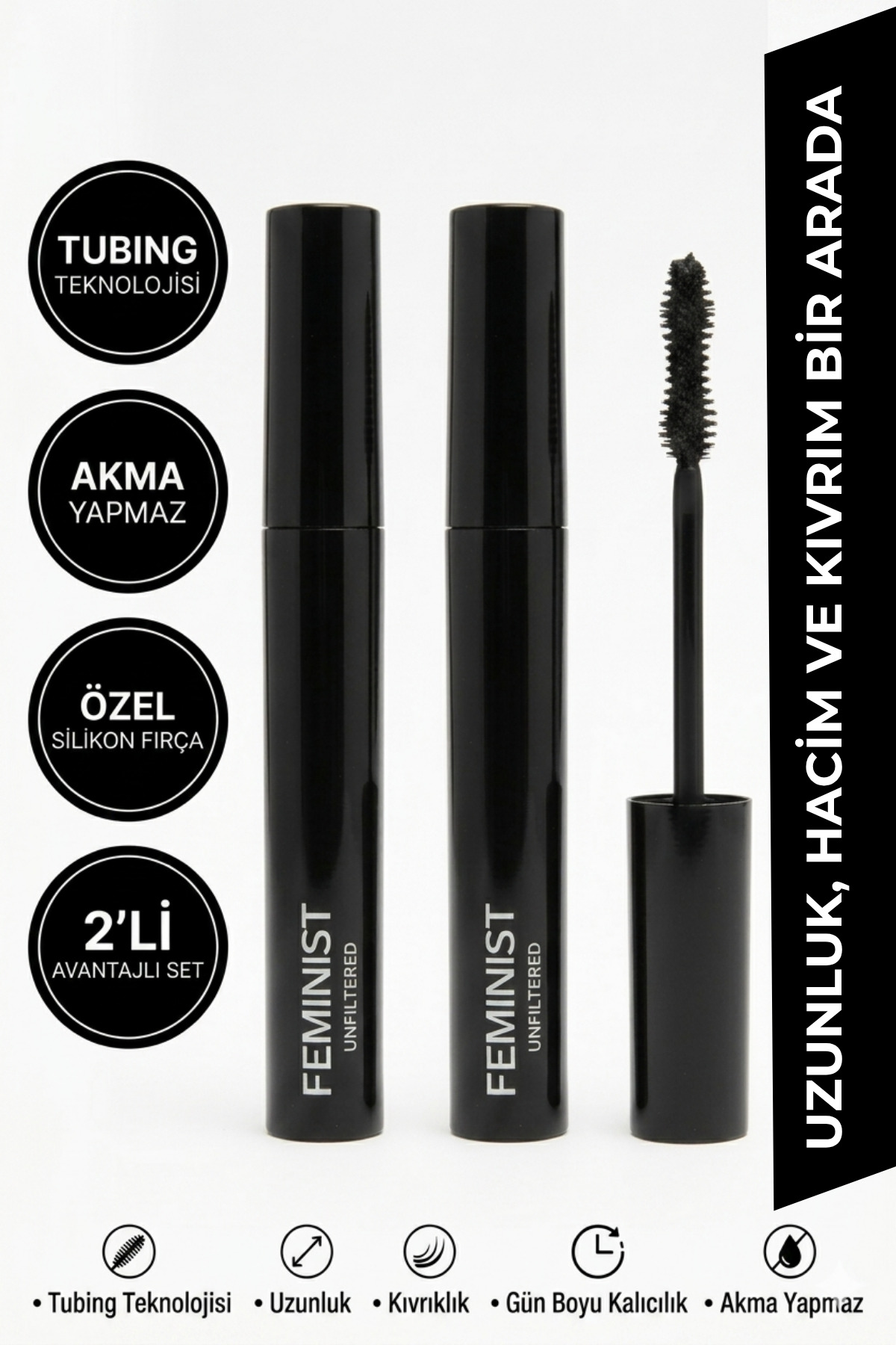 Feminist Cosmetics Tubing Maskara 2'li Set Siyah - Uzatıcı, Hacim Verici ve Özel Silikon Fırça