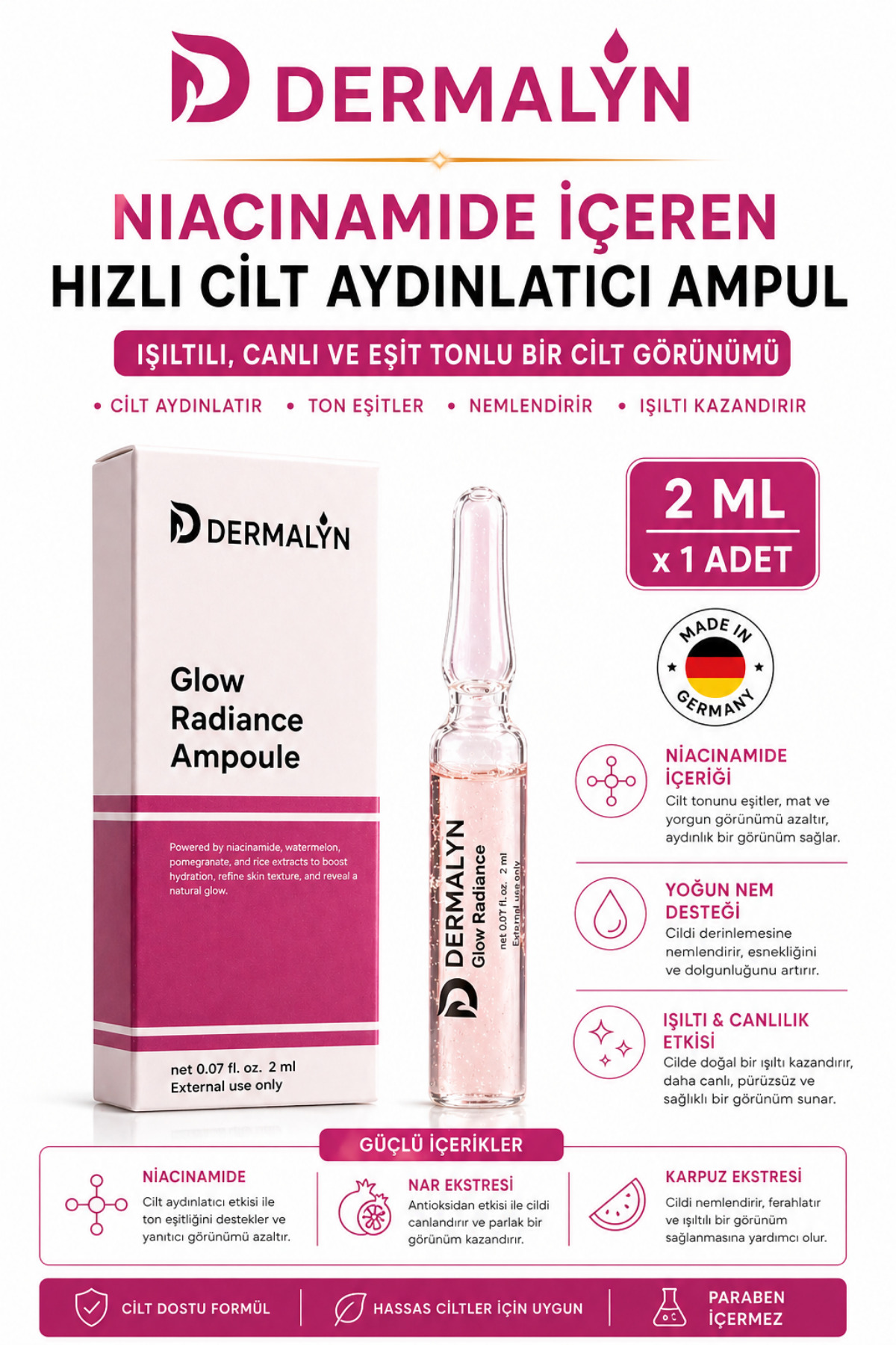 DERMALYN 1 Adet Niacinamide İçeren Hızlı Cilt Aydınlatıcı Glow Etkili Nemlendirici Ampul Serum Dermaroller