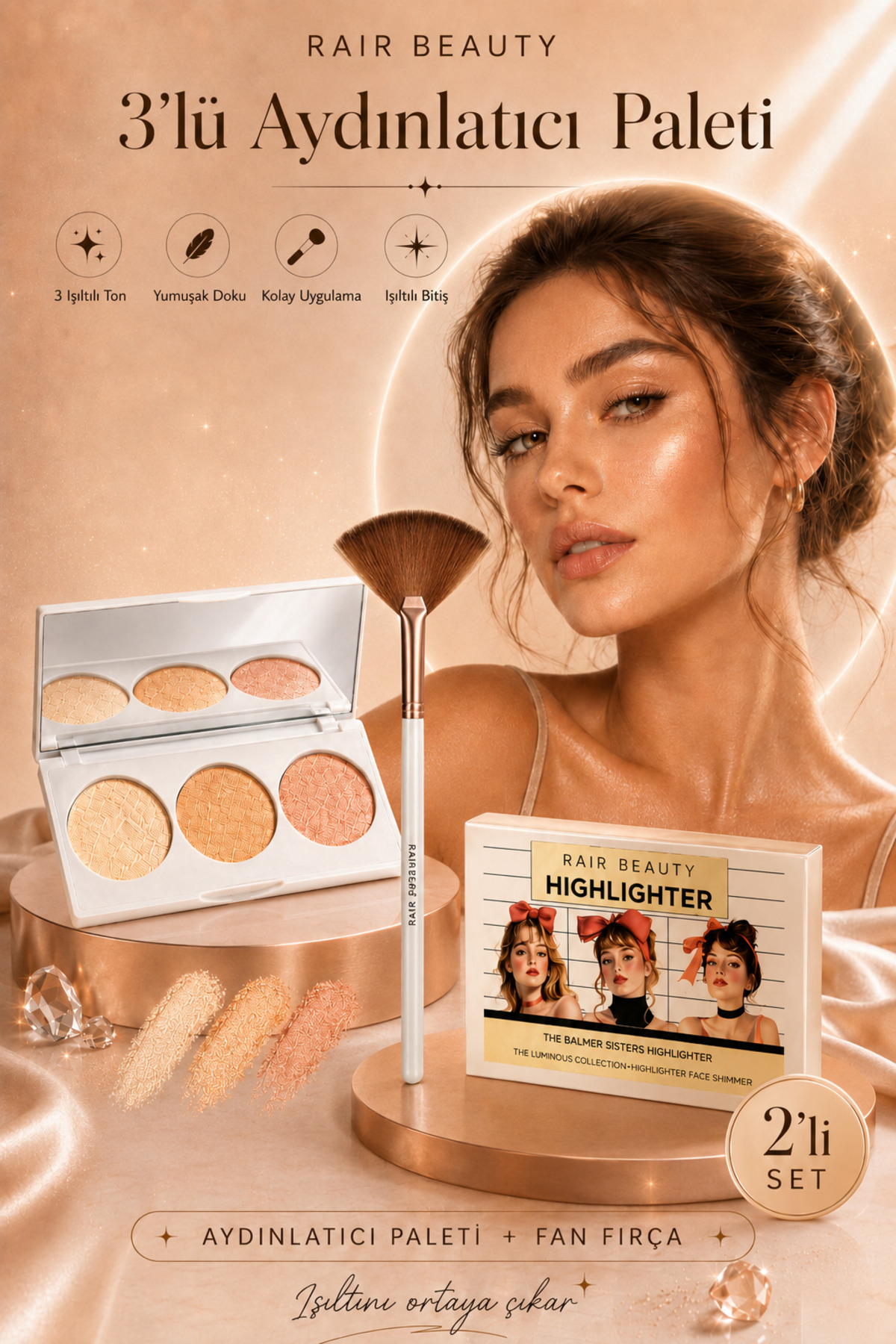 RAİR BEAUTY 3'lü Highlighter- Aydınlatıcı Paleti ,Makyaj Paleti
