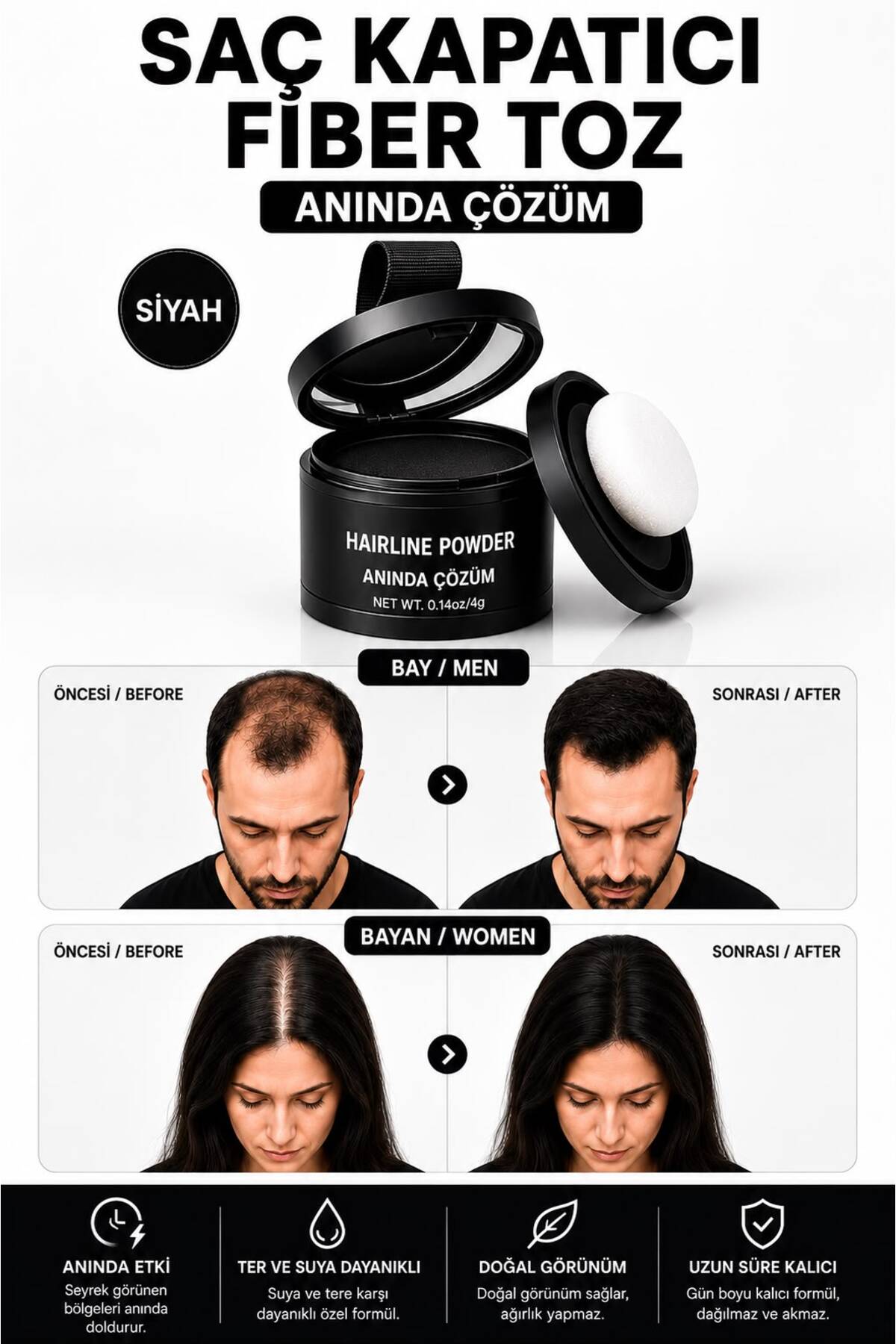 hb skin care Yeni Nesil Saç Dolgunlaştırıcı Siyah Boya Pudra | Seyrek Sakal Saçlar için Saç Fiberi | Saç Ve Beyaz Kapatıcı Suda Çıkmaz Boya