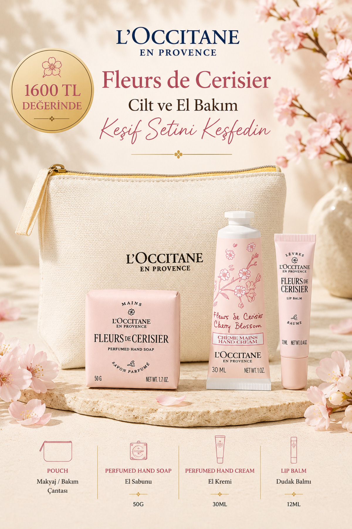 L'Occitane Fleurs de Cerisier Cilt ve El Bakım Keşif Seti, Özel Çantalı, 3'lü Set