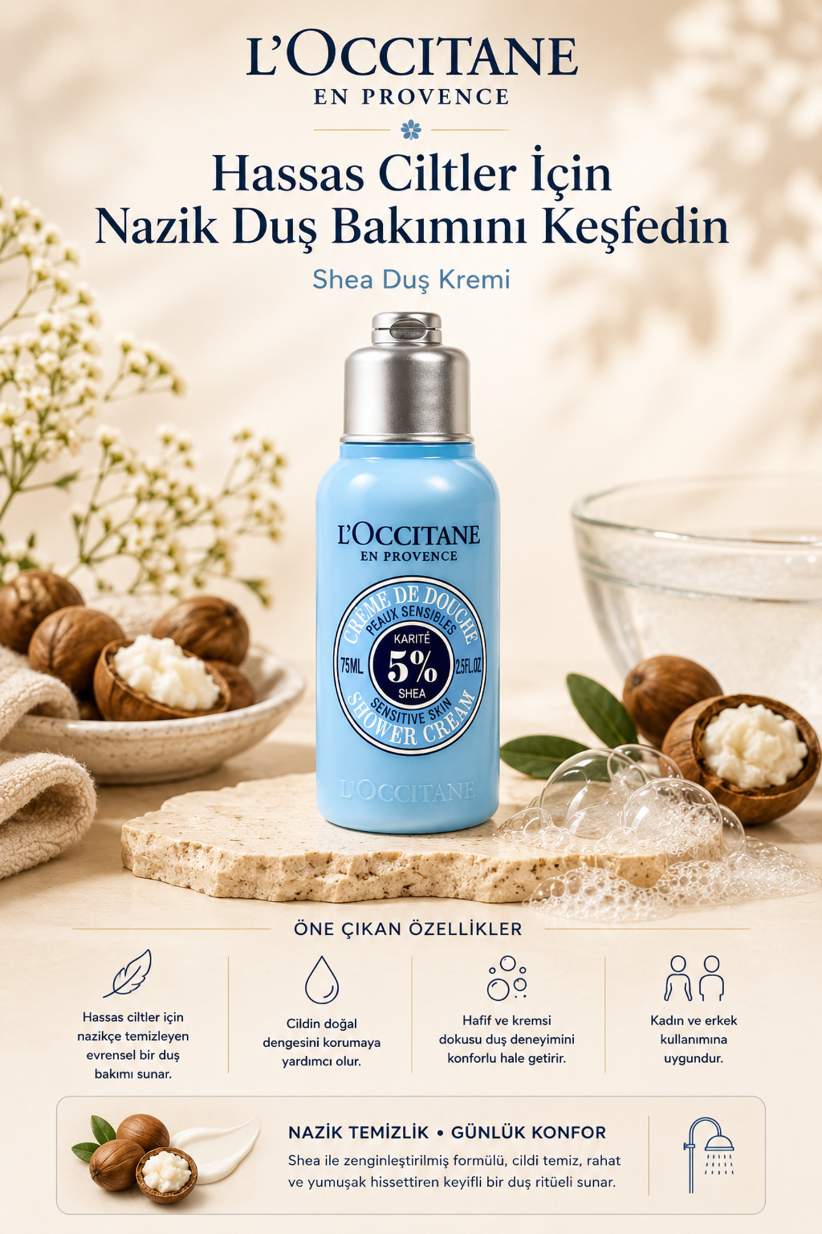 L'Occitane Shea Duş Kremi, %5 Shea Yağı İçeren, Nemlendirici ve Besleyici, Seyahat Boy, 75 ml