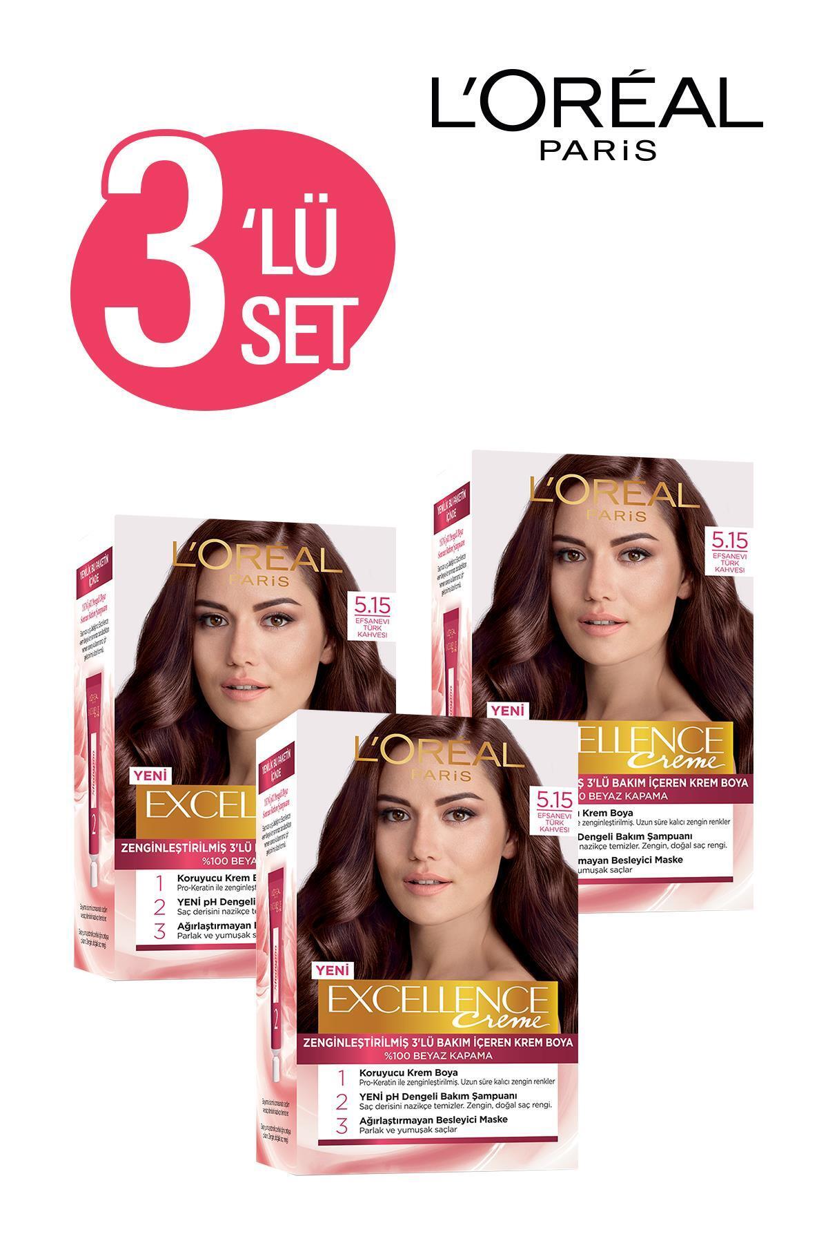 L'Oreal Paris Excellence Creme Saç Boyası 5.15 Efsanevi Türk Kahvesi 3'lü Set