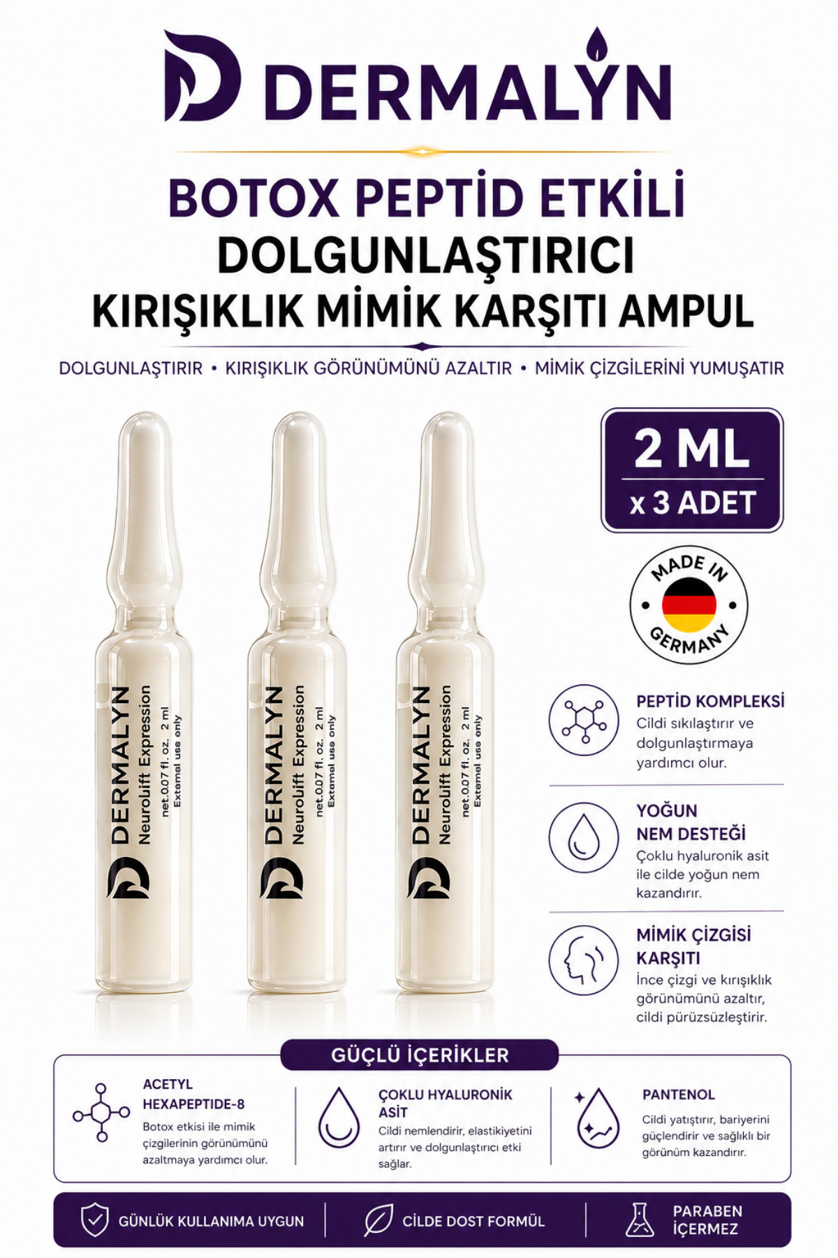 DERMALYN 3 Adet Botox Peptid Etkili Dolgunlaştırıcı Kırışıklık Mimik Karşıtı Ampul Serum Dermaroller Dermapen