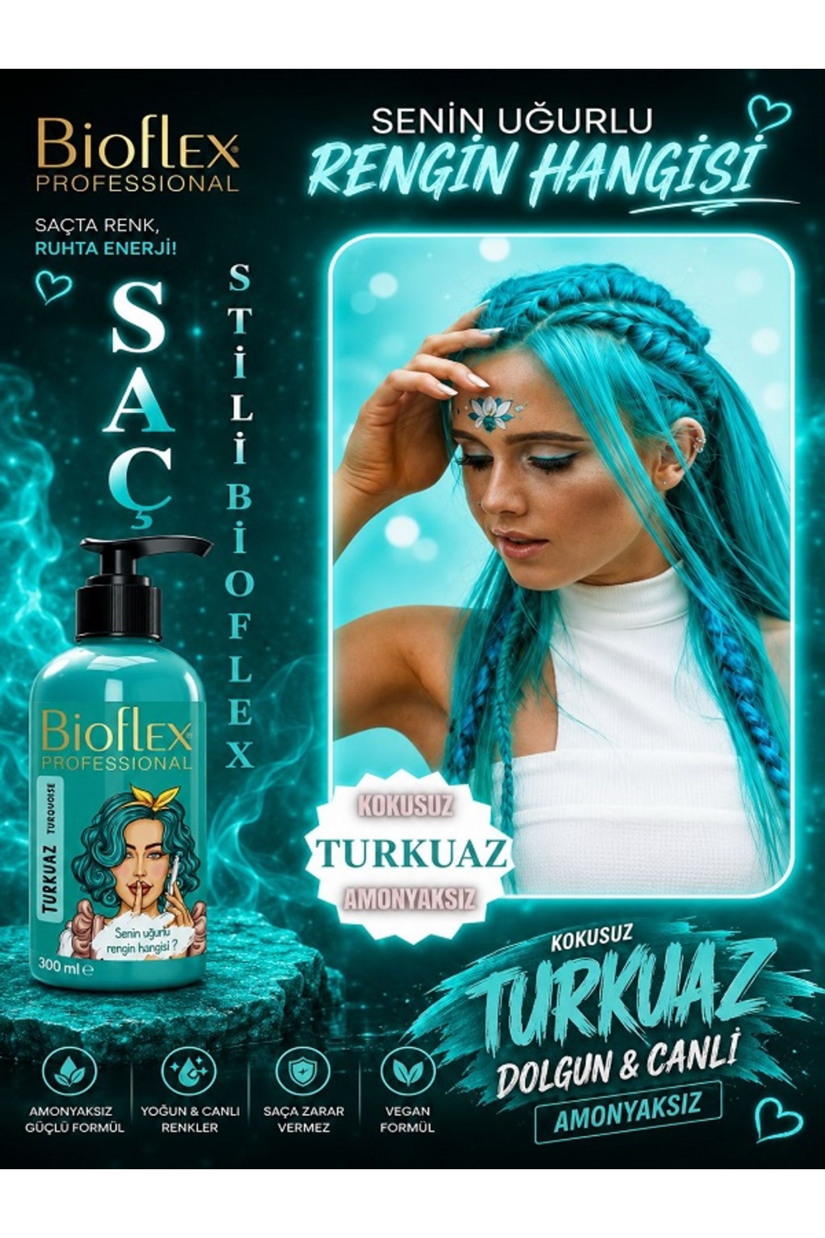 Bioflex Natural Hair Color Geçici-renkli Amonyaksız Turkuaz Renkli Saç Boyası 250ml.
