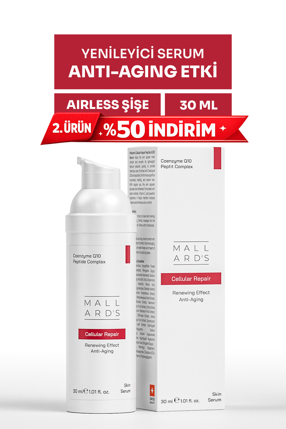 Mallards Cellular Repair Serum, Yaşlanma Karşıtı Coenzyme Q10 + Peptit Serum, 30 ml