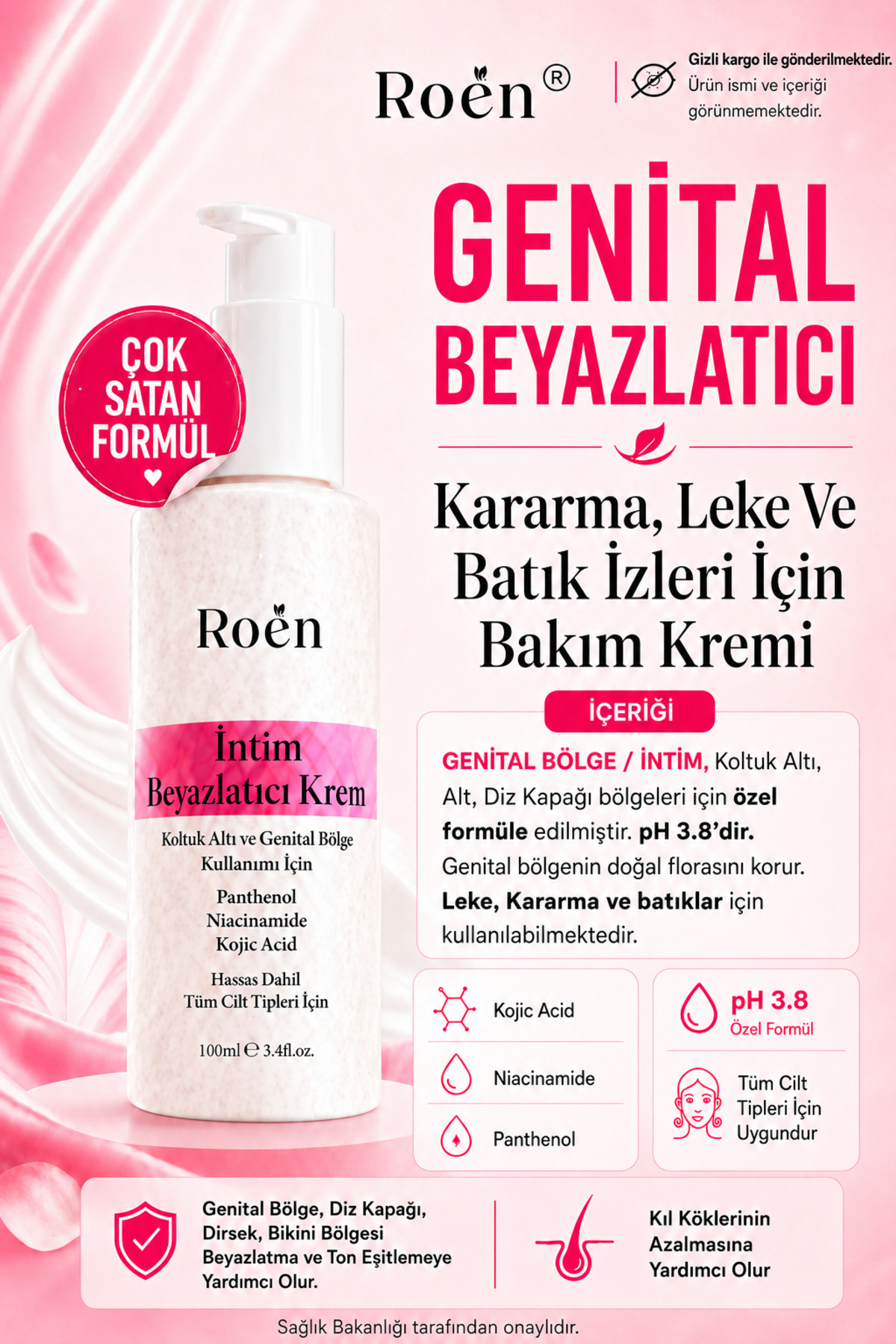 Roen Genital Bölge Beyazlatıcı Krem, Bikini Bölgesi, Dirsek, Koltuk Altı, İntim Beyazlatıcı Krem 100ml