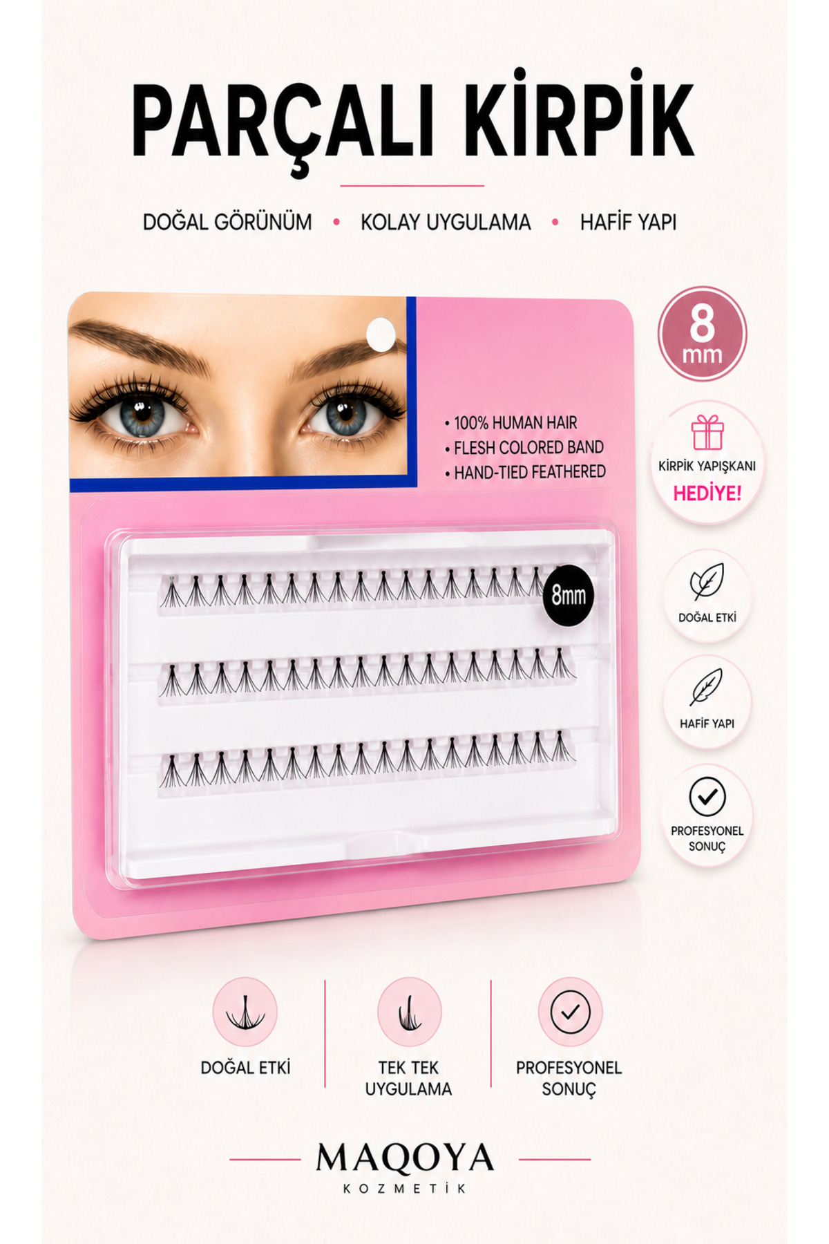 MAQYA KOZMETİK Doğal Görünüm Sunan 60'lı Takma Kirpik Seti +Kirpik Yapışkanı HEDİYELİ +Tarama Fırçası 8MM/8D