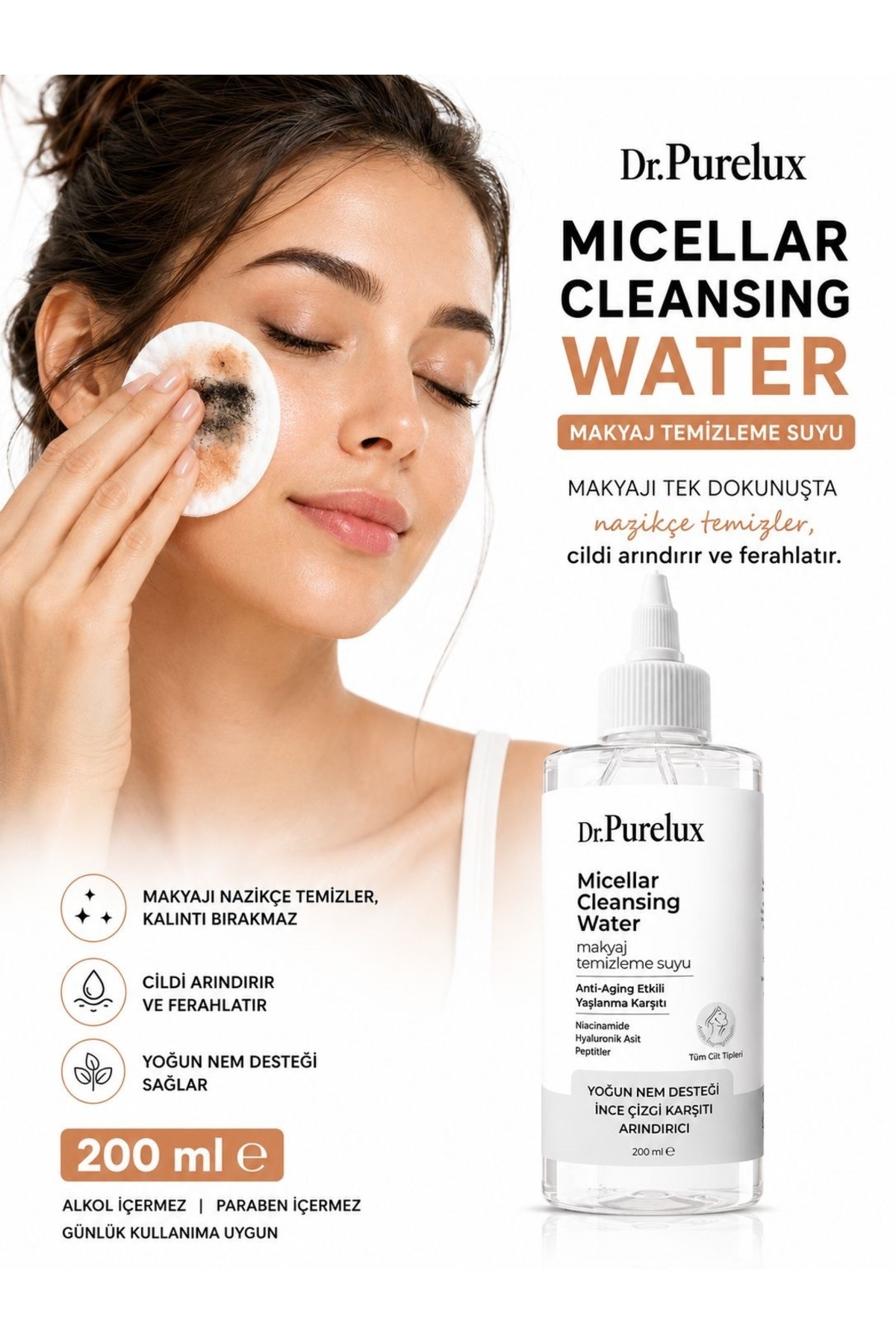 Dr.Purelux Anti Aging Micellar Cleansing Water 200 ml | Niasinamid, Hyaluronik Asit ve Peptit İçeren Makyaj Temizleme Suyu