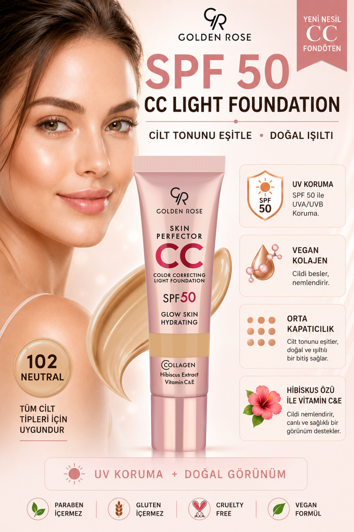 Golden Rose CC Krem Skin Perfector Color Correcting Light Foundation - 102