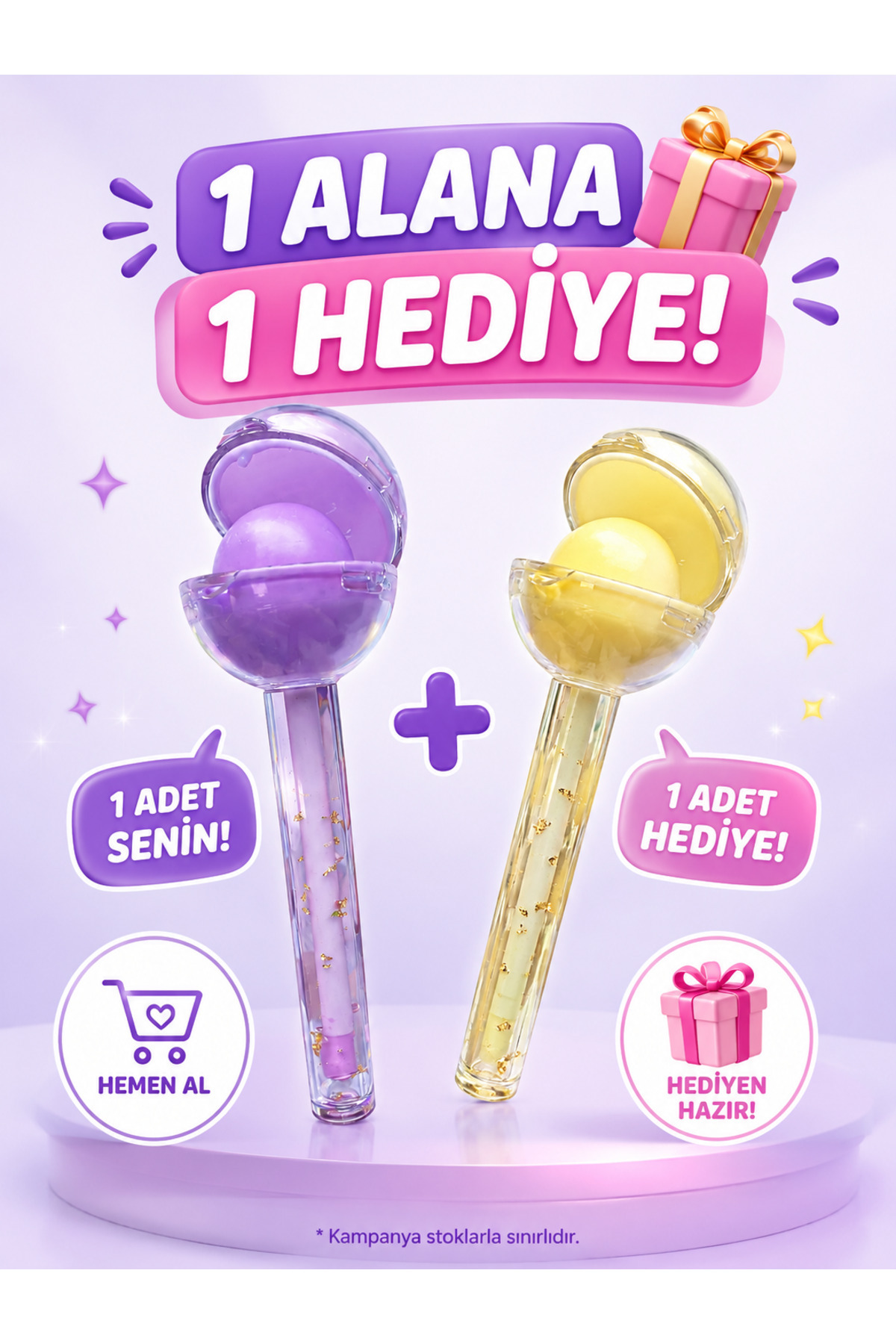 Kozmetik 1 ALANA 1 BEDAVA - 2'Lİ SET Çift Taraflı Sarı ve Mor Dudak Tint Lolipop Ruj - 2’si 1 Arada