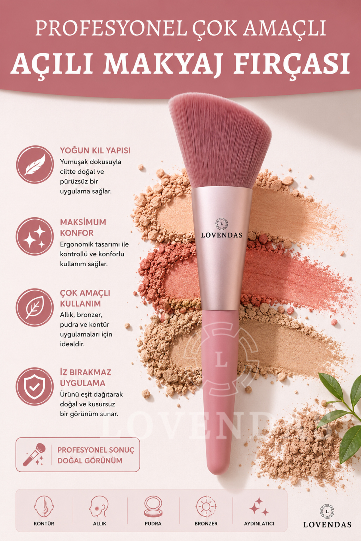 Lovendas RC-86 Çok Amaçlı Açılı Premium Makyaj Fırçası (Allık - Pudra - Bronzer)