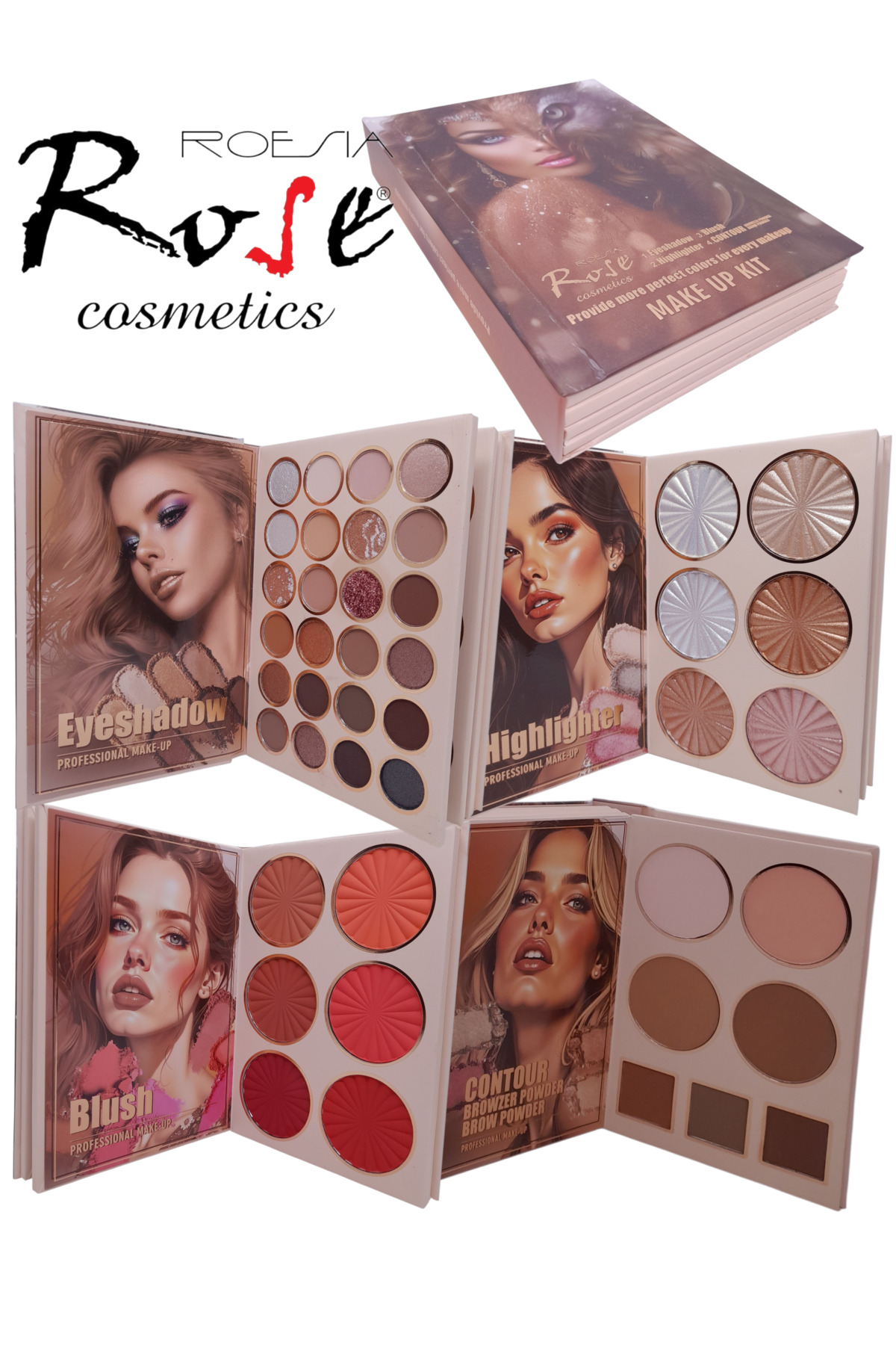 Roesıa Rose Cosmetics Göz Farı Highlighter Allık Kontür Pudra Bronzer İçeren Kitap Model 43 'lü Makyaj Kiti