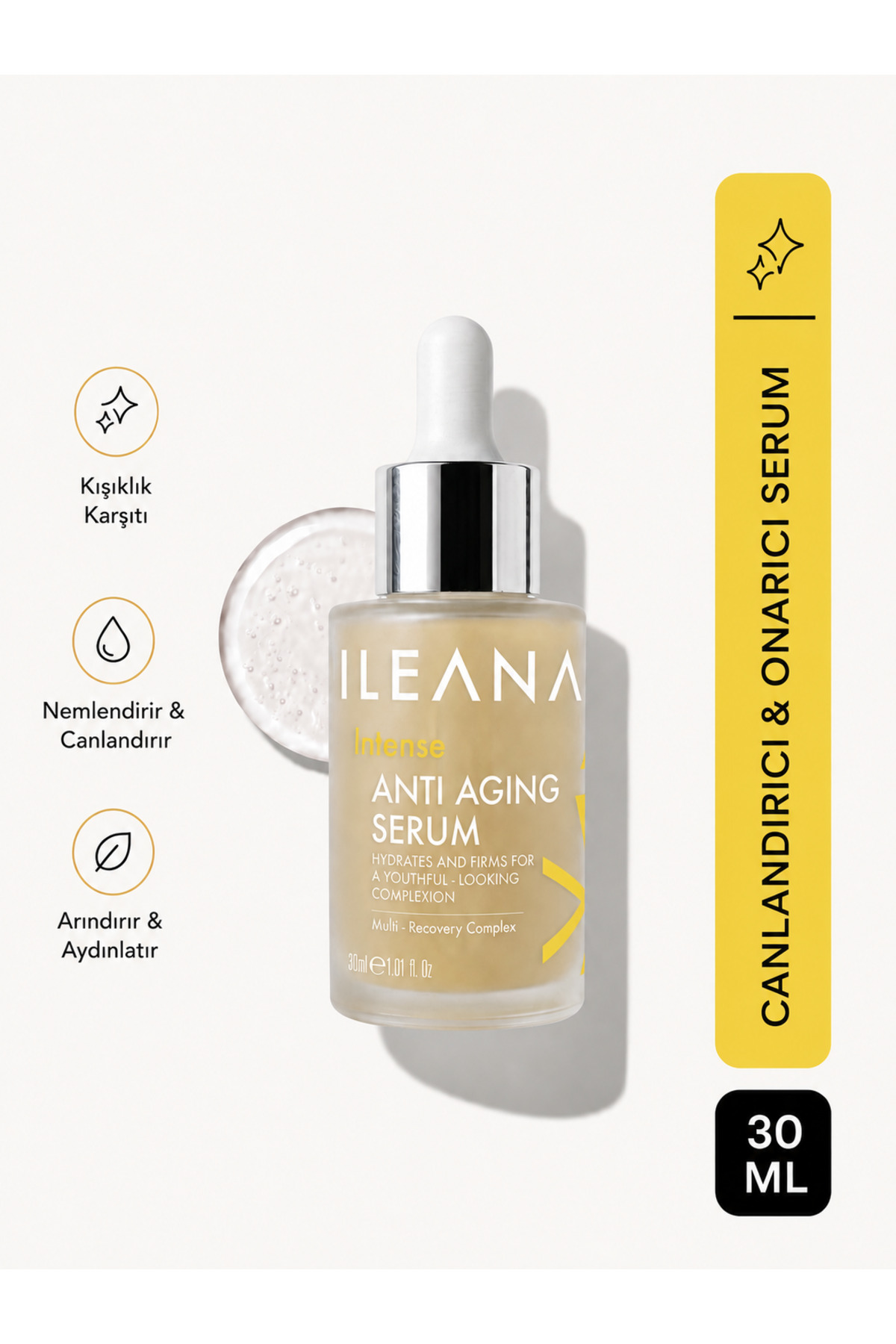 ILEANA Peptit & Antioksidan İçeren Yaşlanma Karşıtı, Aydınlatıcı ve Nem Dengeleyici Yüz Serumu 30 ml
