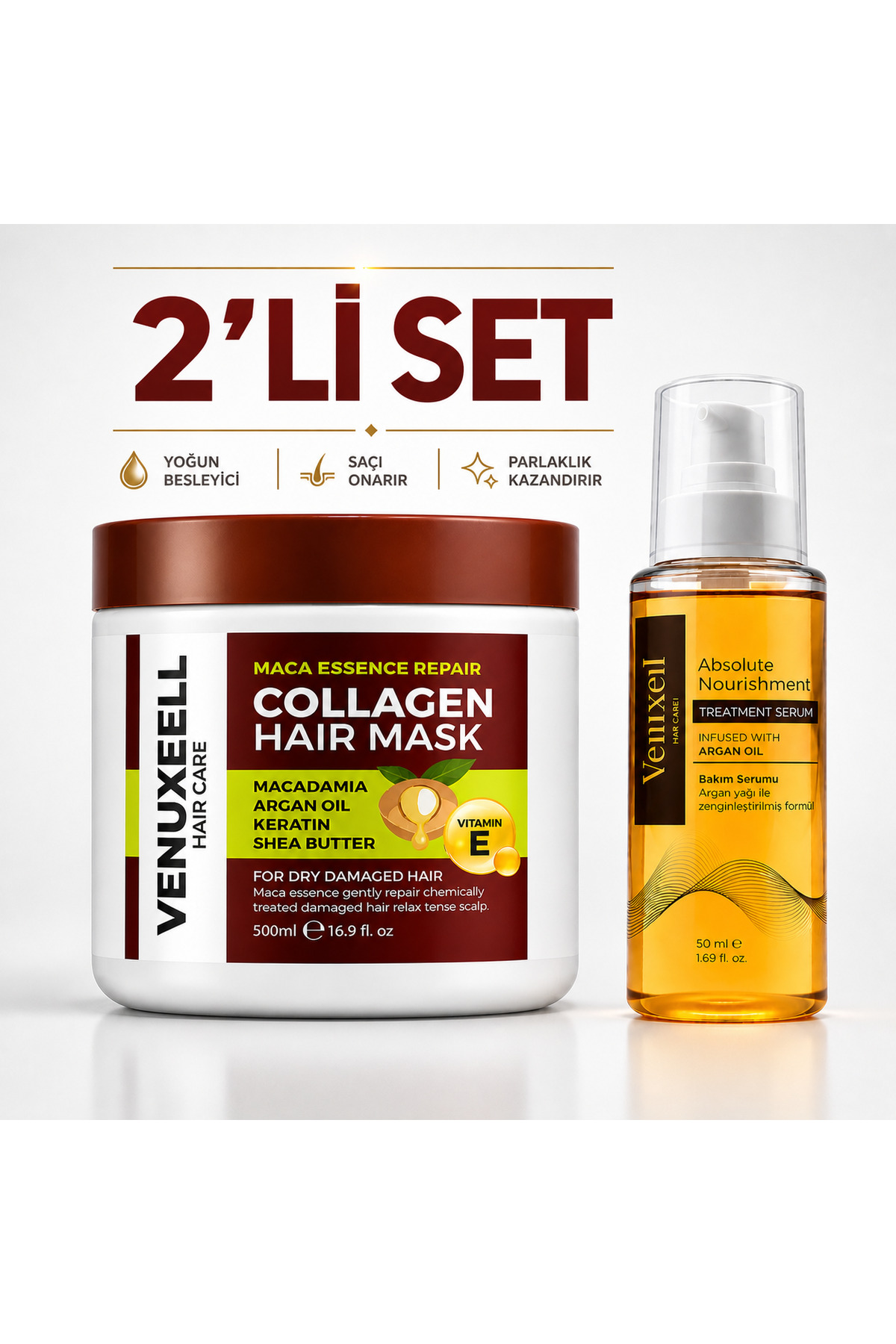 Venuxeell Kolajen Saç Bakım Seti Saç Maskesi 500 ml + Argan Yağlı Onarıcı Serum 50 ml Kuru Yıpranmış Saçlar İçin