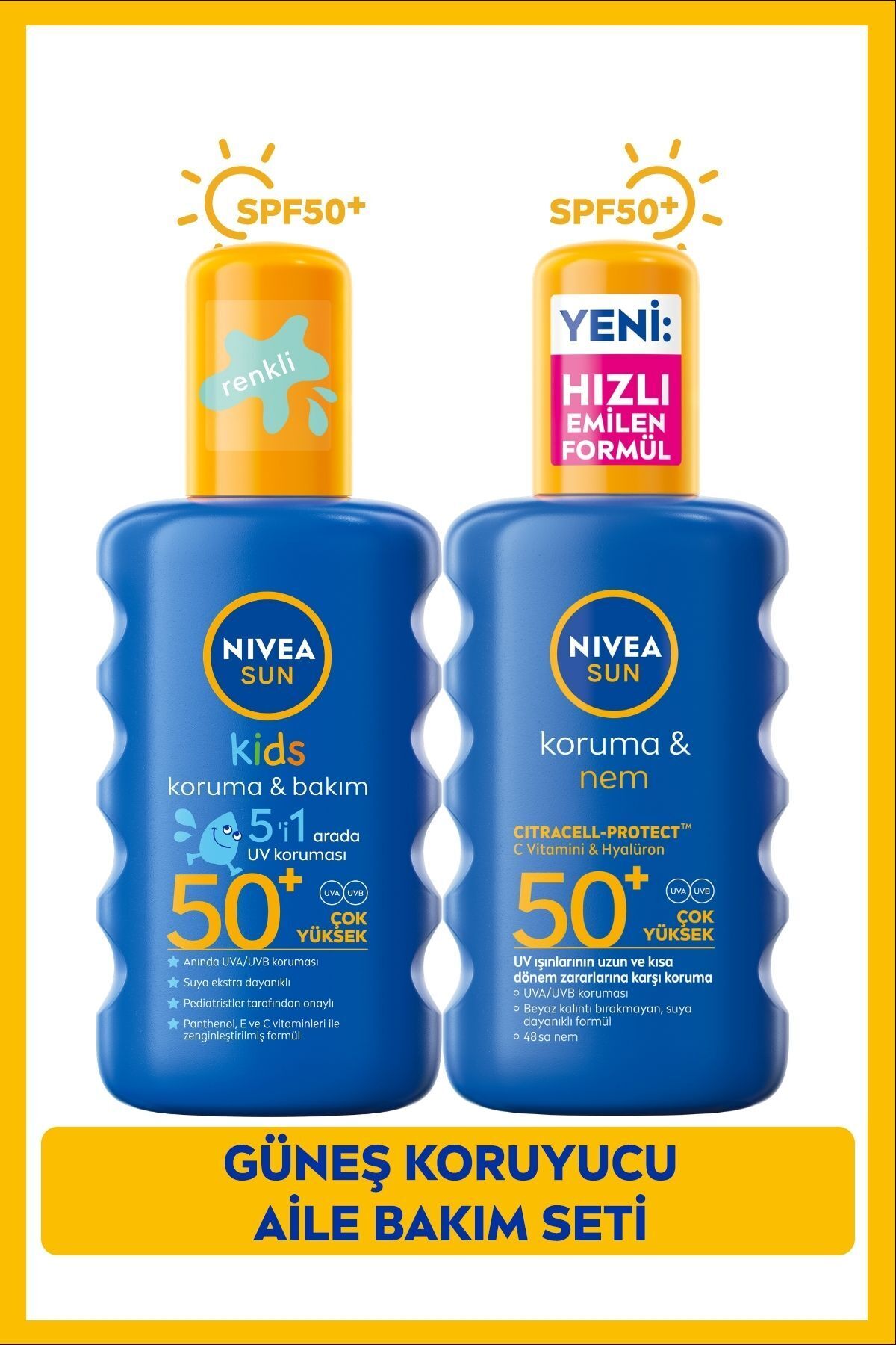 NIVEA SUN SPF50+ Yüksek Güneş Koruyucu Vücut Sprey 200ml ve Çocuklar İçin Hassas Güneş Koruyucu Sprey