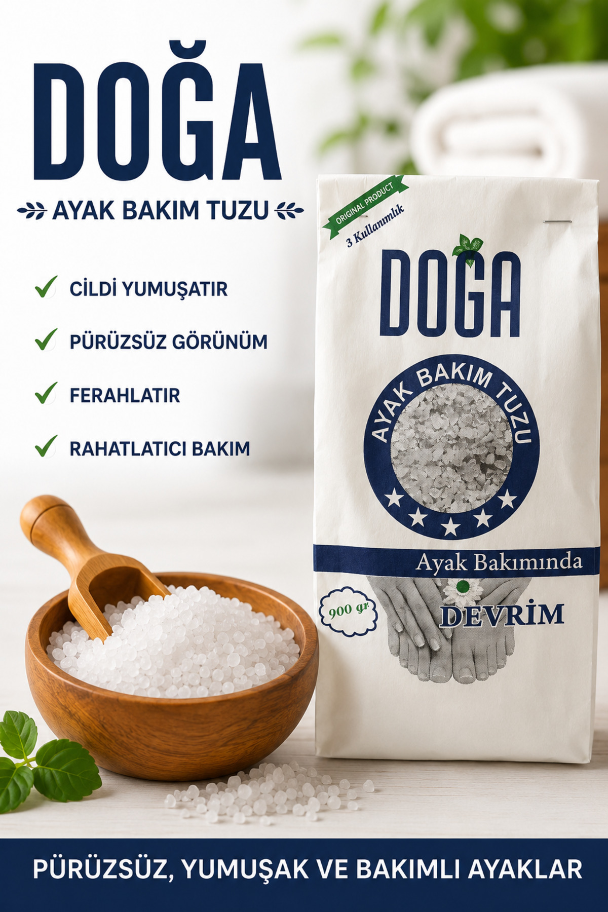 Doğa Ayak Bakım Tuzu 900 Gr | Topuk Çatlağı ve Sertleşen Ayaklar İçin Yumuşatıcı Ayak Banyosu Tuzu