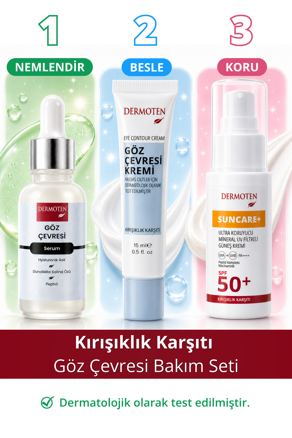 Dermoten Göz Çevresi Bakım Seti | Kırışıklık, Kuruluk, Koyu Halka İçin Aydınlatıcı Nemlendirici Bakım Seti