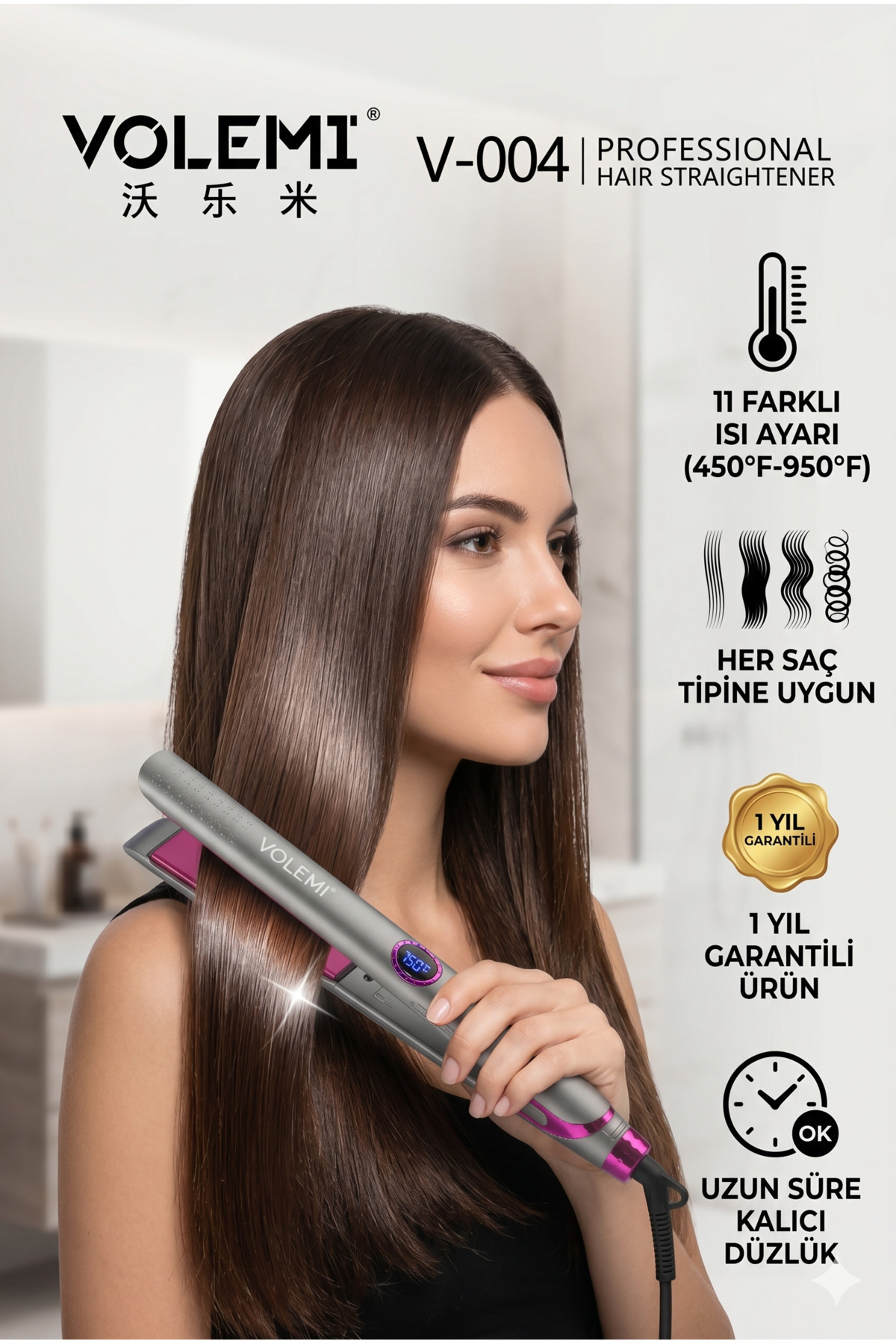 VOLEMİ V-004 Dar Plakalı Saç Düzleştirici | Hızlı Isınma, Dijital LED Ekran, Parlak ve Pürüzsüz Saçlar