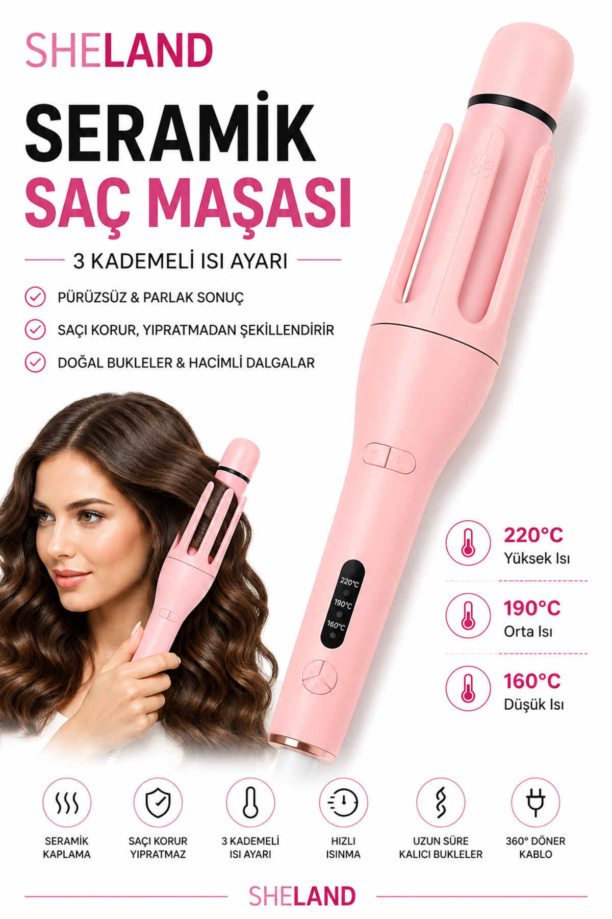 Sheland Pro Seramik Saç Maşası – 3 Kademeli Isı Ayarı
