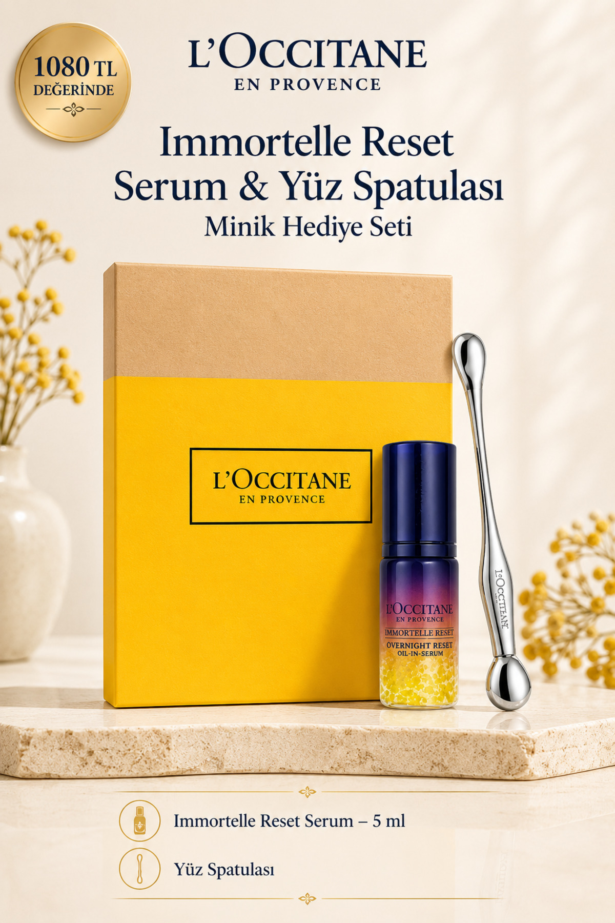 L'Occitane Immortelle Reset Serum ve Yüz Spatulası Minik Hediye Seti, 2'li Set