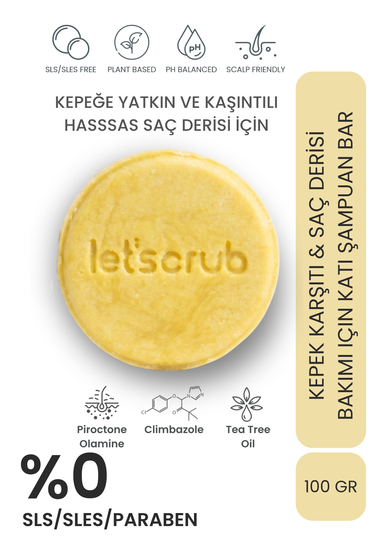 LET'SCRUB Kepeğe Yatkın ve Kaşıntılı Saç Derisi İçin Katı Şampuan 100 gr | P. Olamine + Climbazole + Çay Ağacı Yağı | Sls/Paraben İçermez