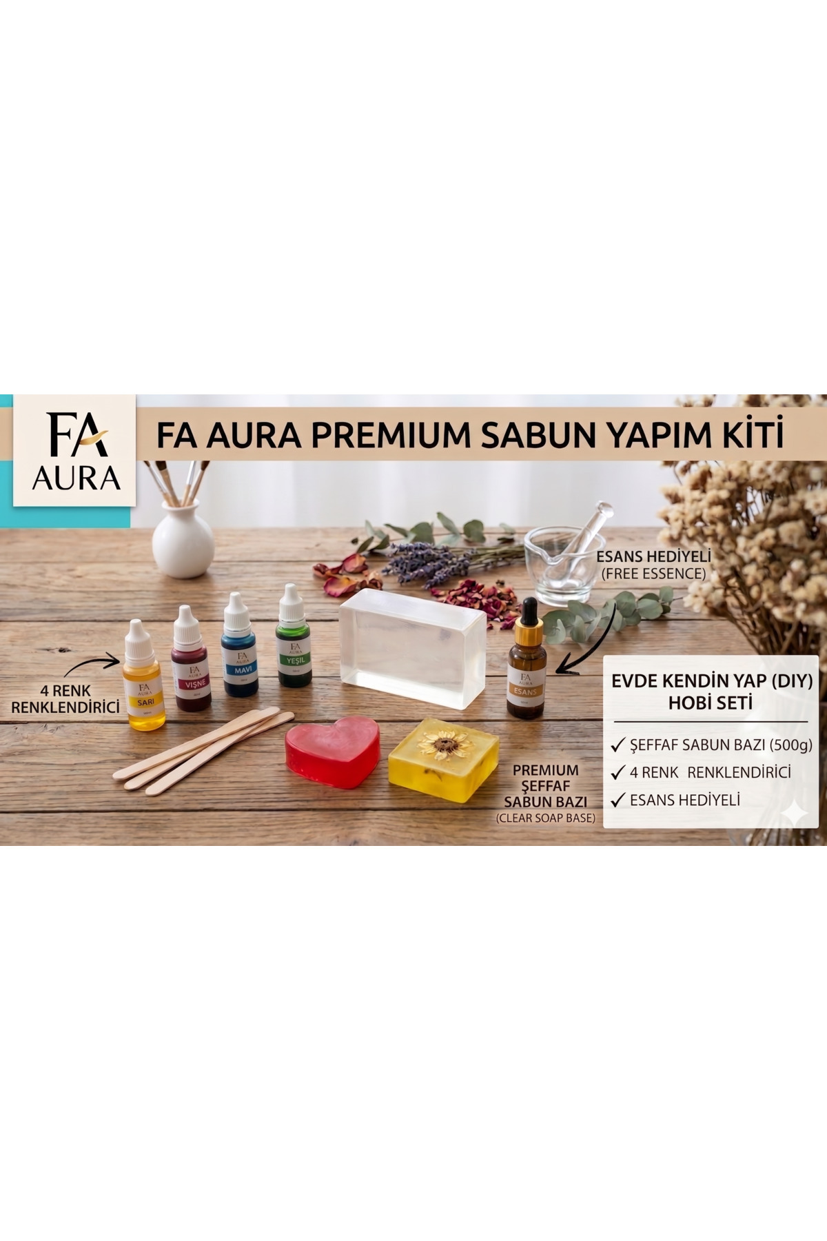 FA Aura Şeffaf Sabun Yapım Seti 500 gr - Erit-Dök Kolay Sabun Bazı Malzemeleri Seti + 4 Renk Renklendirici ve Esans