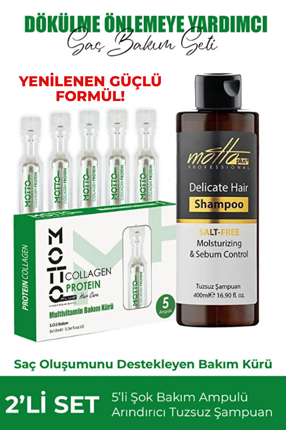 Motto Plus Professional Dökülme Önleyici ve Saç Oluşumunu Destekleyen Şok Bakım Seti (ŞOK BAKIM AMPUL - TUZSUZ ŞAMPUAN )