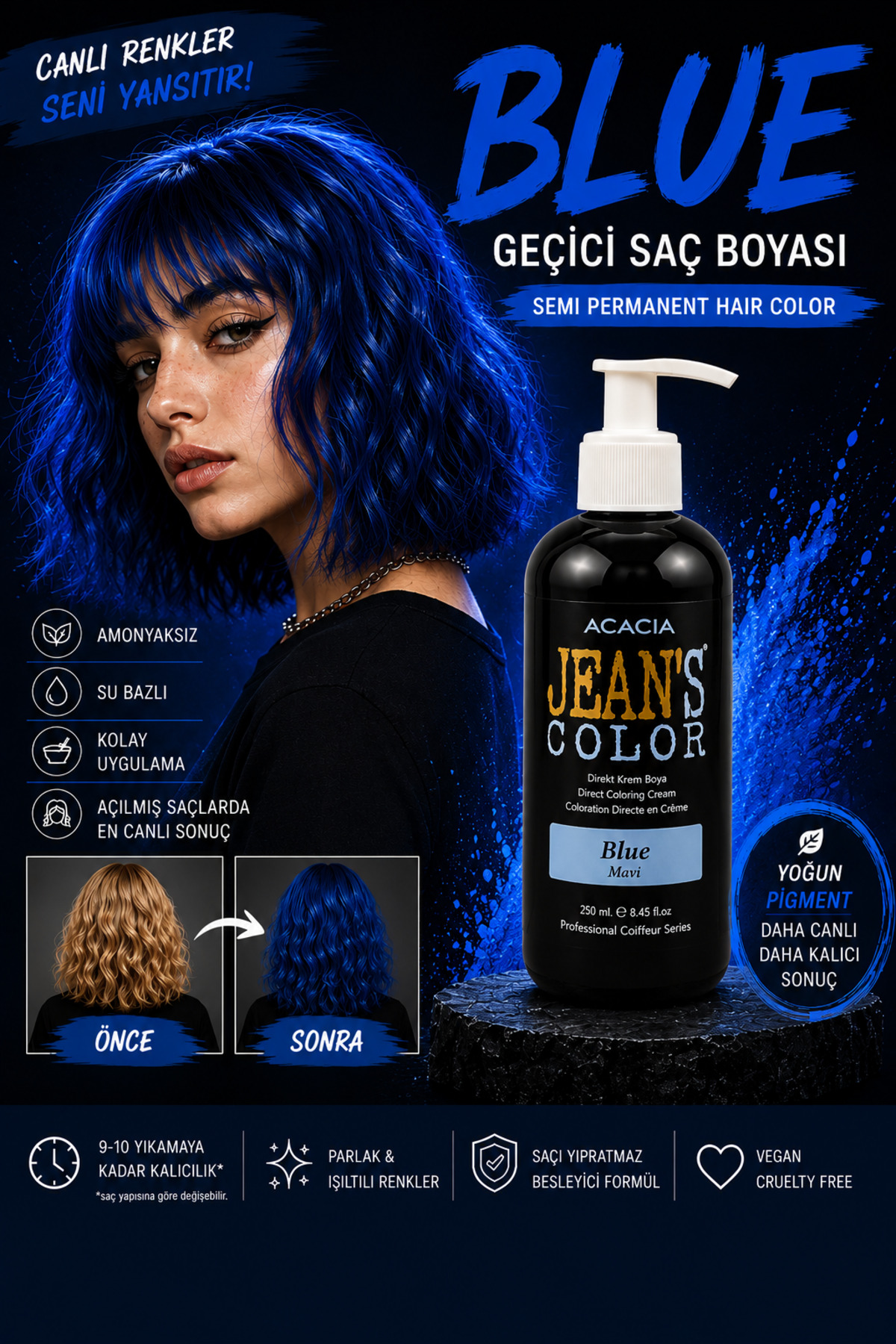 jeans color Amonyaksız Mavi Renkli Saç Boyası 250 ml Kokusuz Su Bazlı Blue Hair Dye Açılmış Saçı Renklendirir.