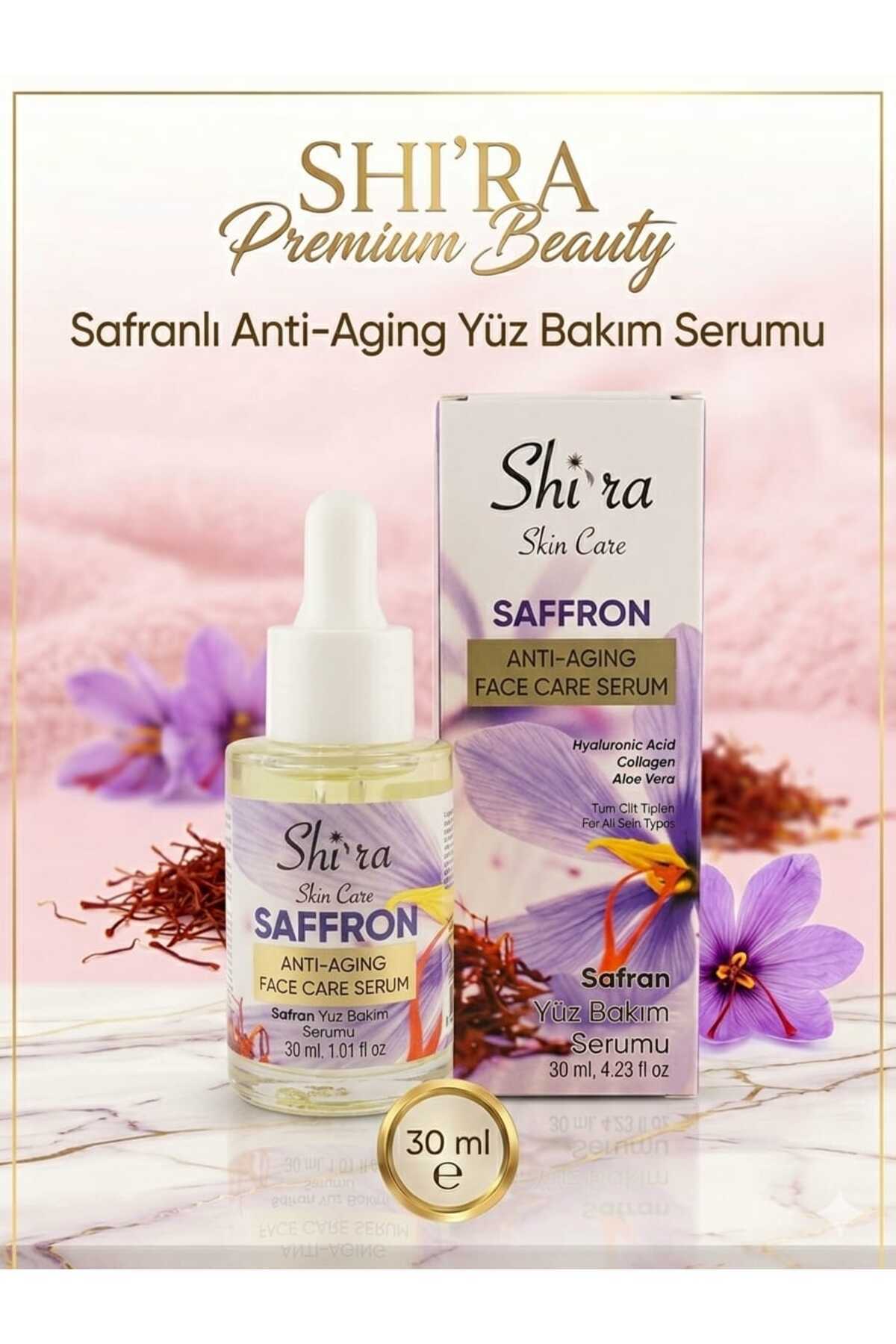 Shi'ra Safranlı Anti Aging Yüz Bakım Serumu 30 ML - Hyaluronik Asit ve Kolajen Destekli Kırışıklık Karşıtı Nemlendirici Cilt Bakımı