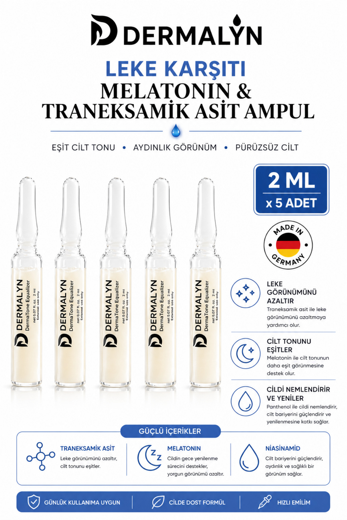 DERMALYN 5 Adet Leke Karşıtı Melatonin & Traneksamik Asit İçeren Cilt Aydınlatıcı Ampul Serum Dermaroller
