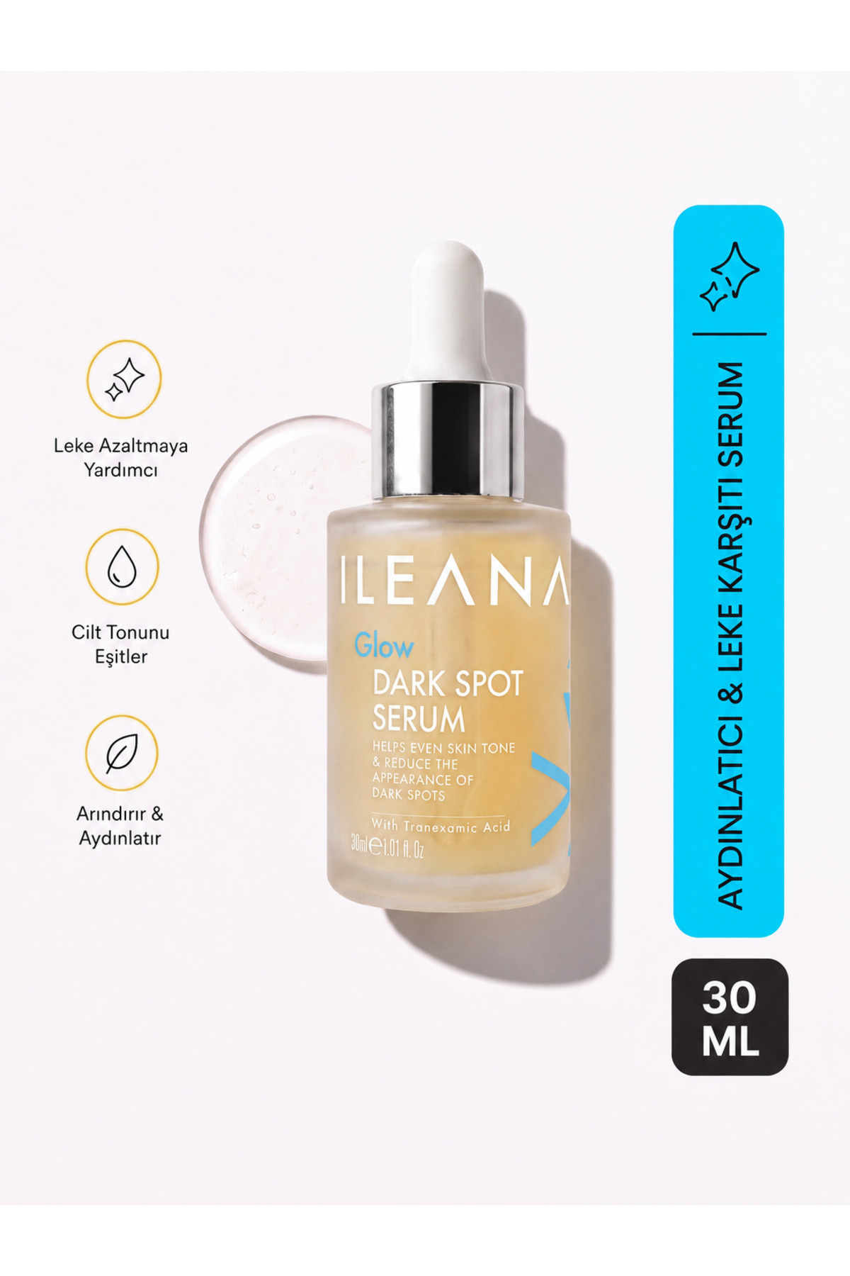 ILEANA Niacinamide, Alpha Arbutin, Kojik & Traneksamik Asit İçeren Yoğun Leke Karşıtı ve Aydınlatıcı Yüz Serumu 30 ml