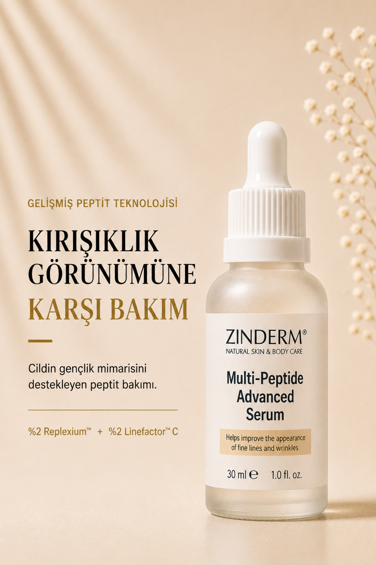zinderm Yaşlanma, Kaz Ayakları & Kırışıklık Karşıtı Bariyer Onarıcı Hyaluronik Asit Peptit Yüz Serumu 30 ml