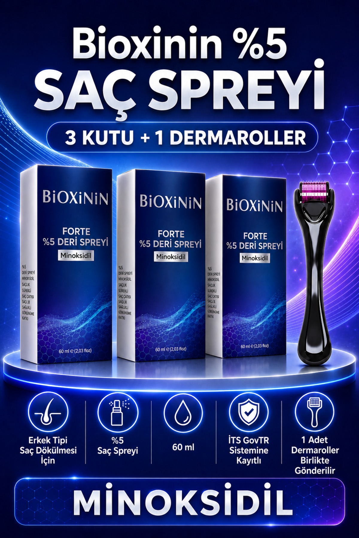 Bioxinin %5 Saç Spreyi 3 kutu ve 1 adet dermaroller (Minox-sidil)