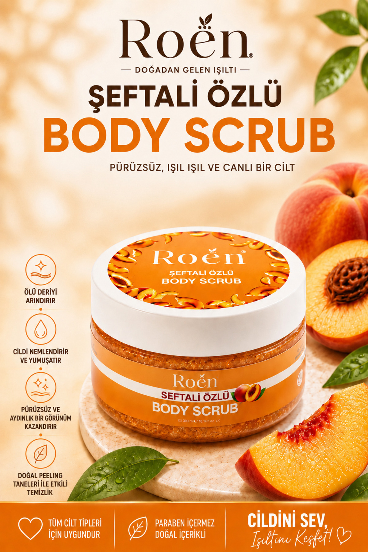 Roen Pürüzsüzleştirici Vücut Peeling Scrub - Çilek Bacak & Batık Giderici Beyazlatıcı Şeftali Özü 250 ml