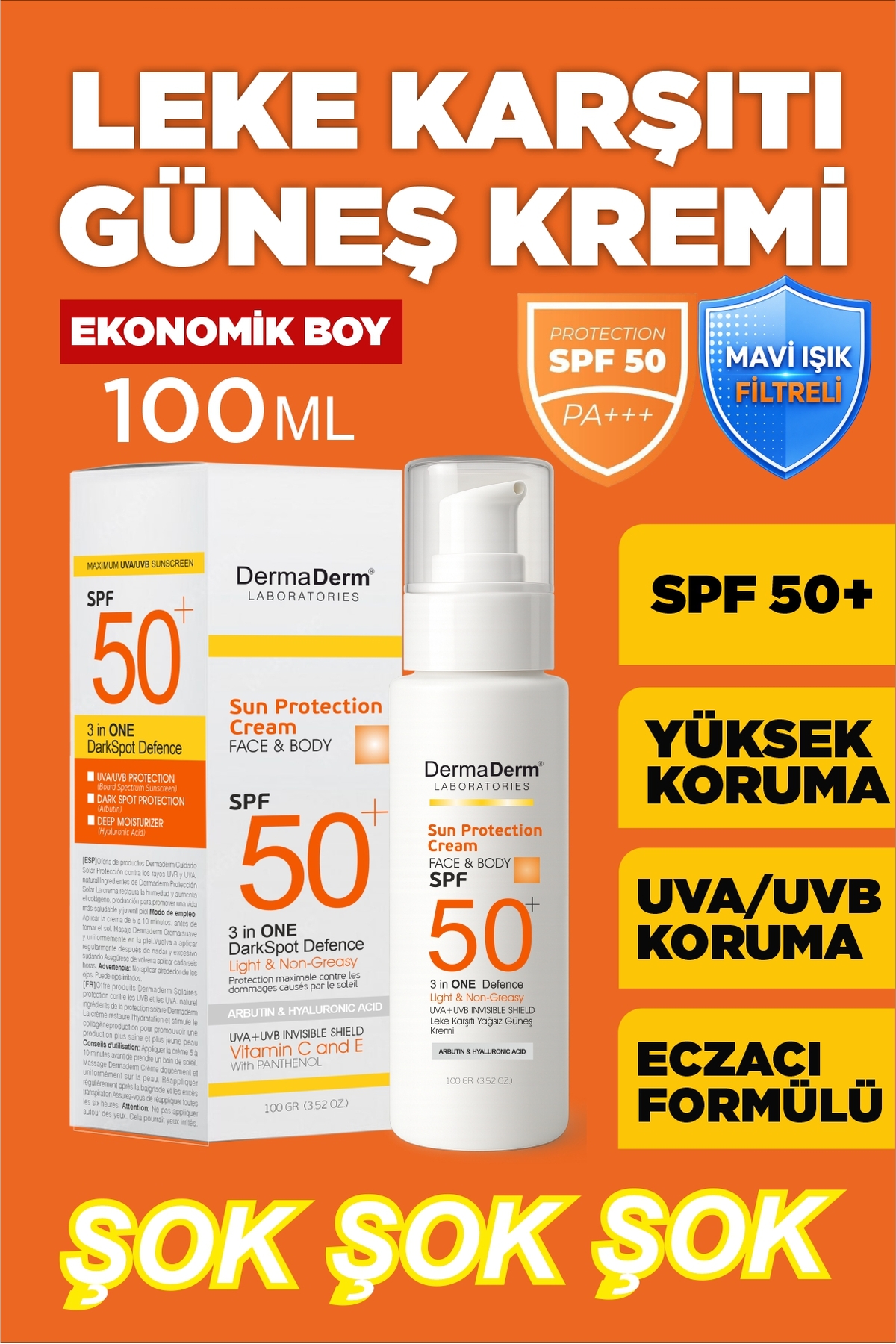 DermaDerm SPF 50+ Koyu Leke Karşıtı Yüz ve Vücut Güneş Kremi Yüksek Korumalı Bakım Kremi 100 gr