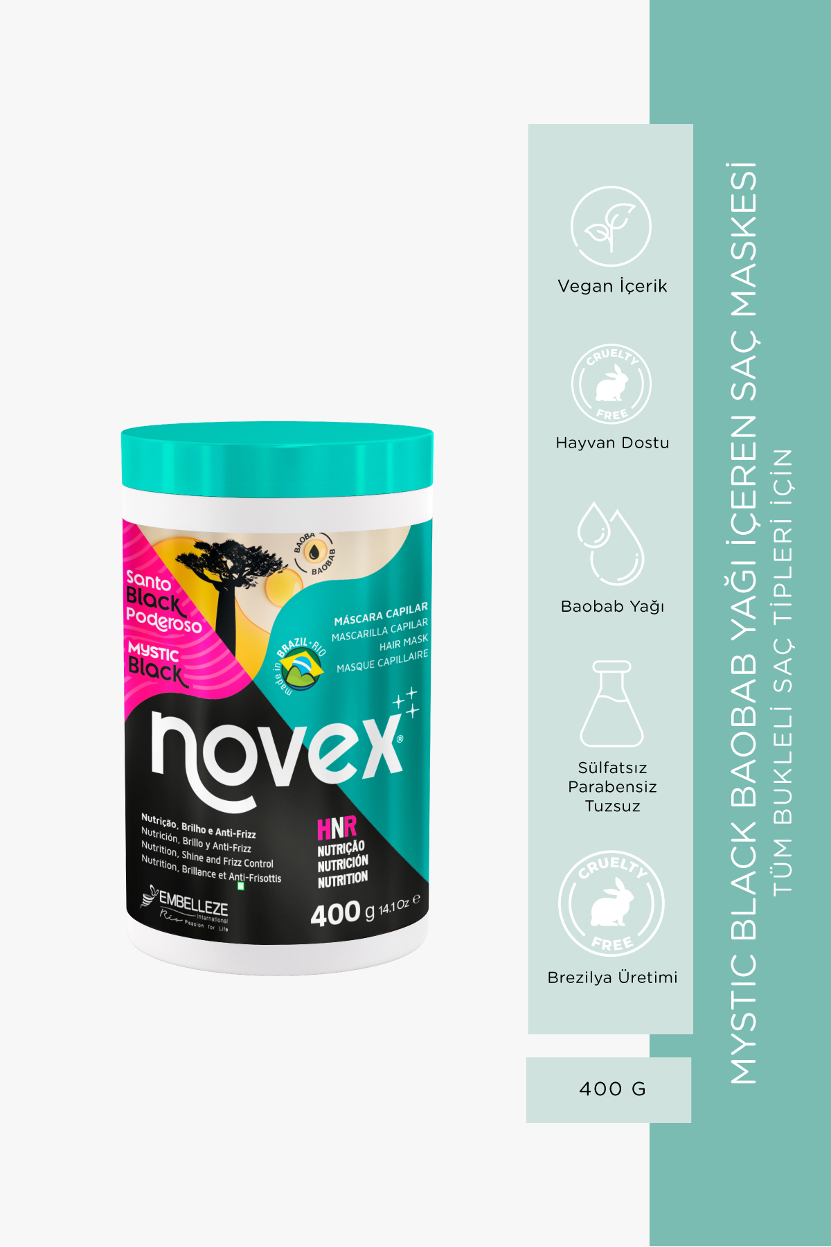 NOVEX Mystic Black - Kuru Bukleli Saçlar Için Saç Uçlarını Onarıcı Saç Maskesi 400g