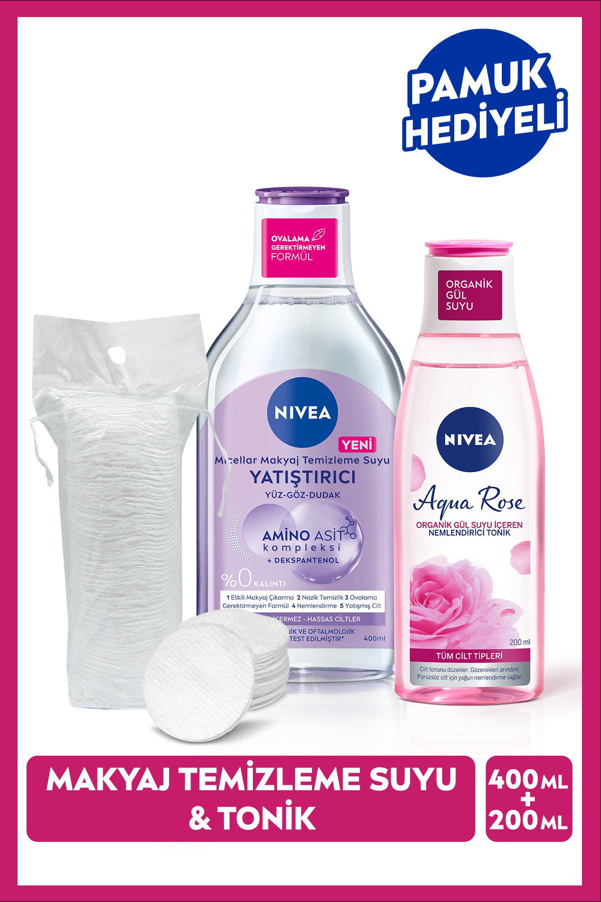 ozbience Yatıştırıcı Micellar Temizleme Suyu ve Aqua Rose Tonik, 200ml, Pamuk Hediye