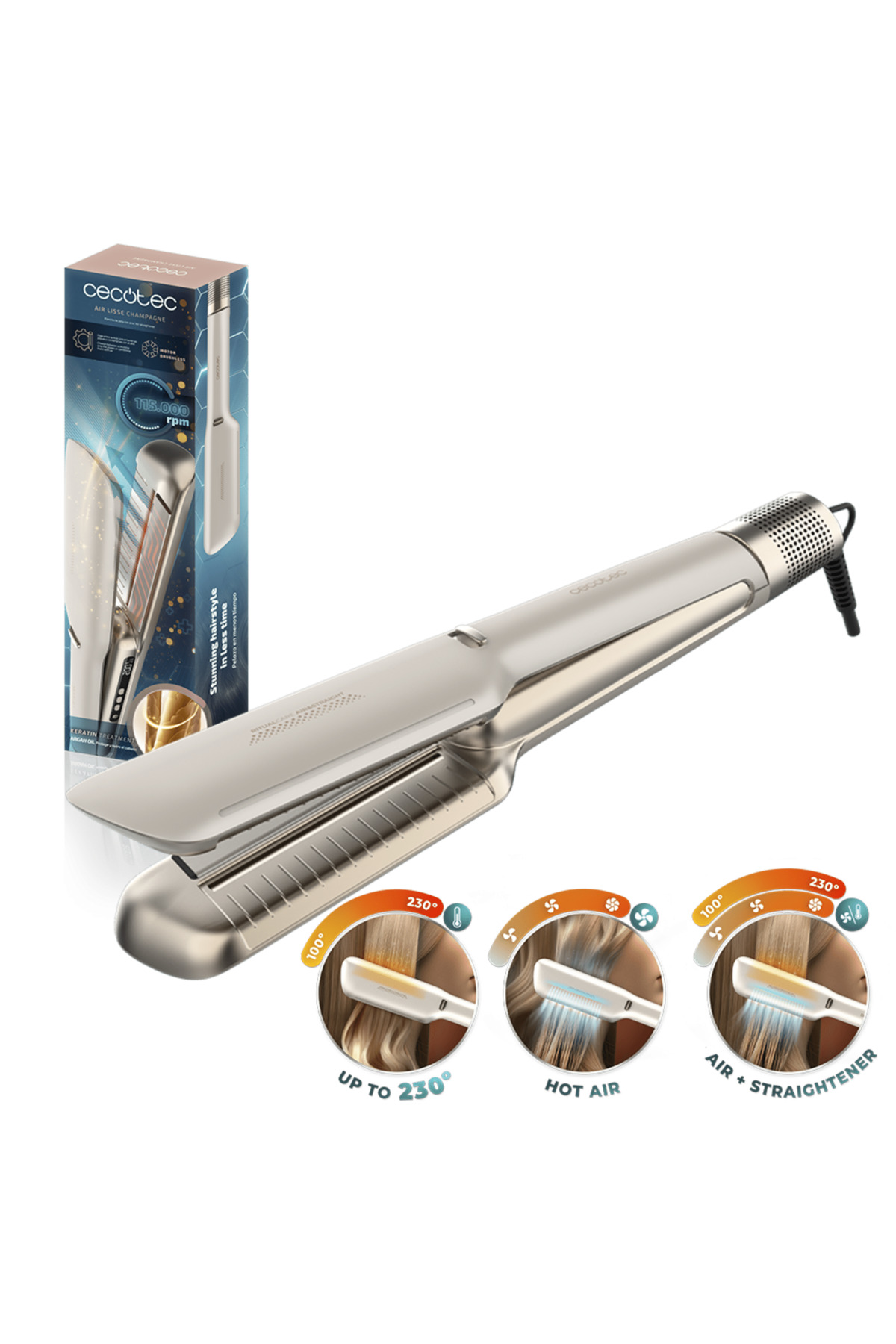 CECOTEC Air Lisse Champagne Saç Düzleştirici - Hızlı Isınma, Seramik Plaka, Pürüzsüz Düzleştirme