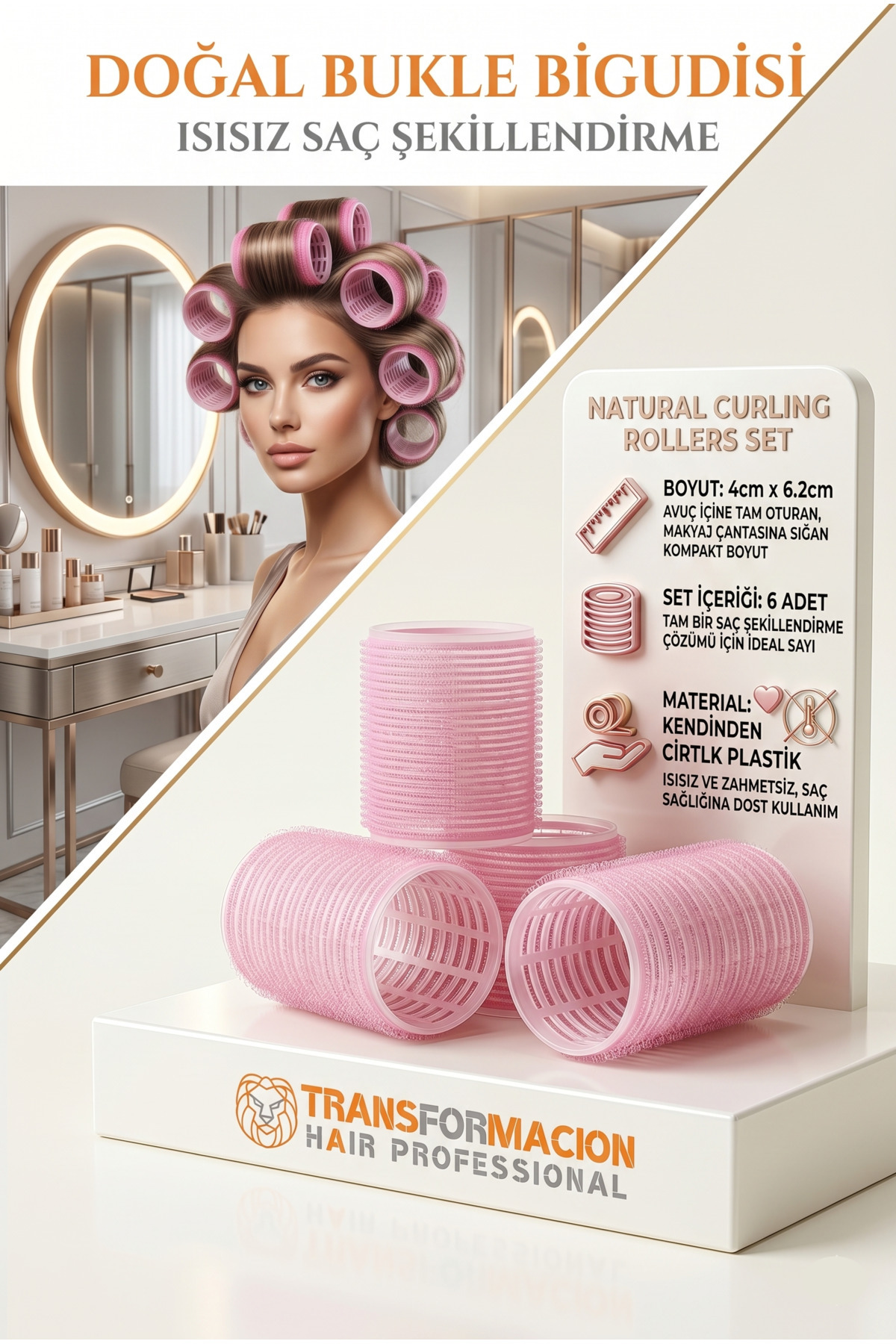Transformacion 4 Cm Bigudi Isısız Saç Şekillendirme Doğal Bukle Bigudisi Profesyonel 6 ADET 719265