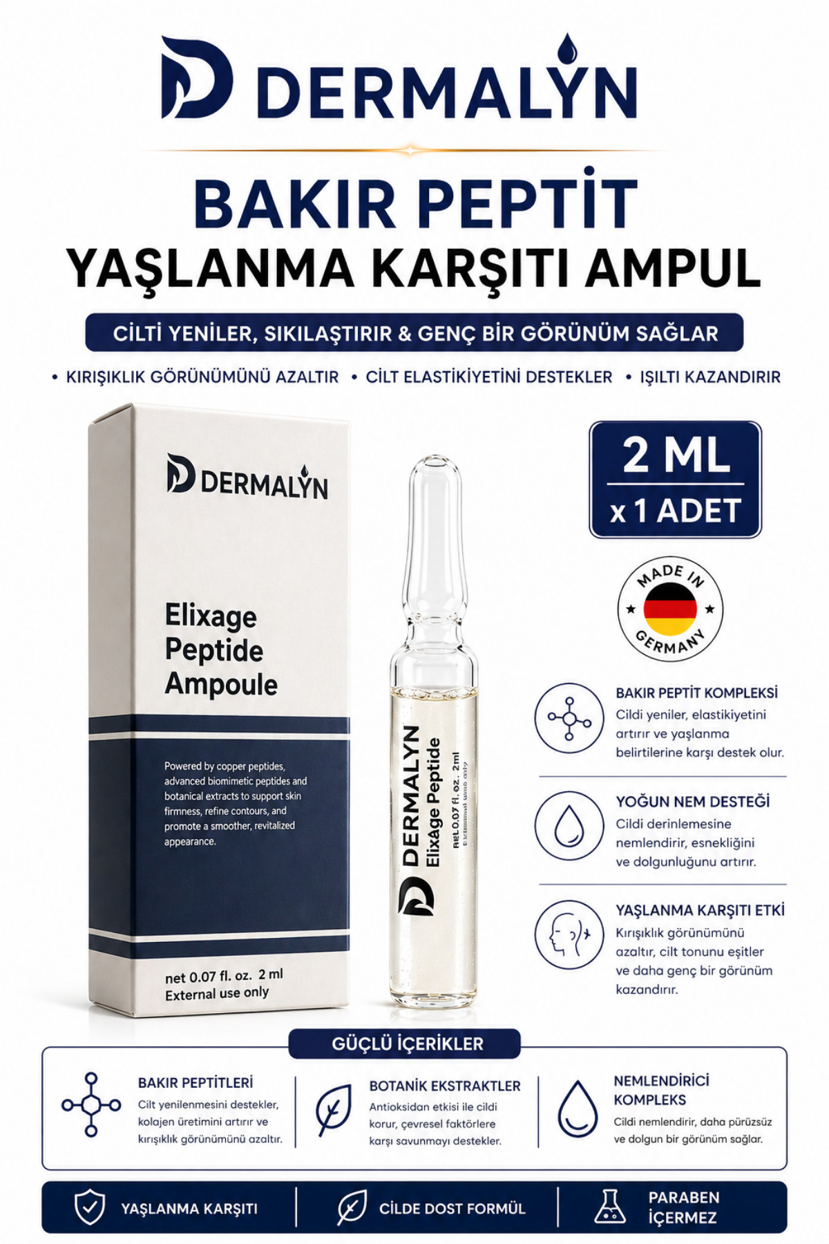DERMALYN 1 Adet Bakır Peptit Yaşlanma Karşıtı Sıkılaştırıcı Kolajen Destekleyici Ampul Serum Dermaroller
