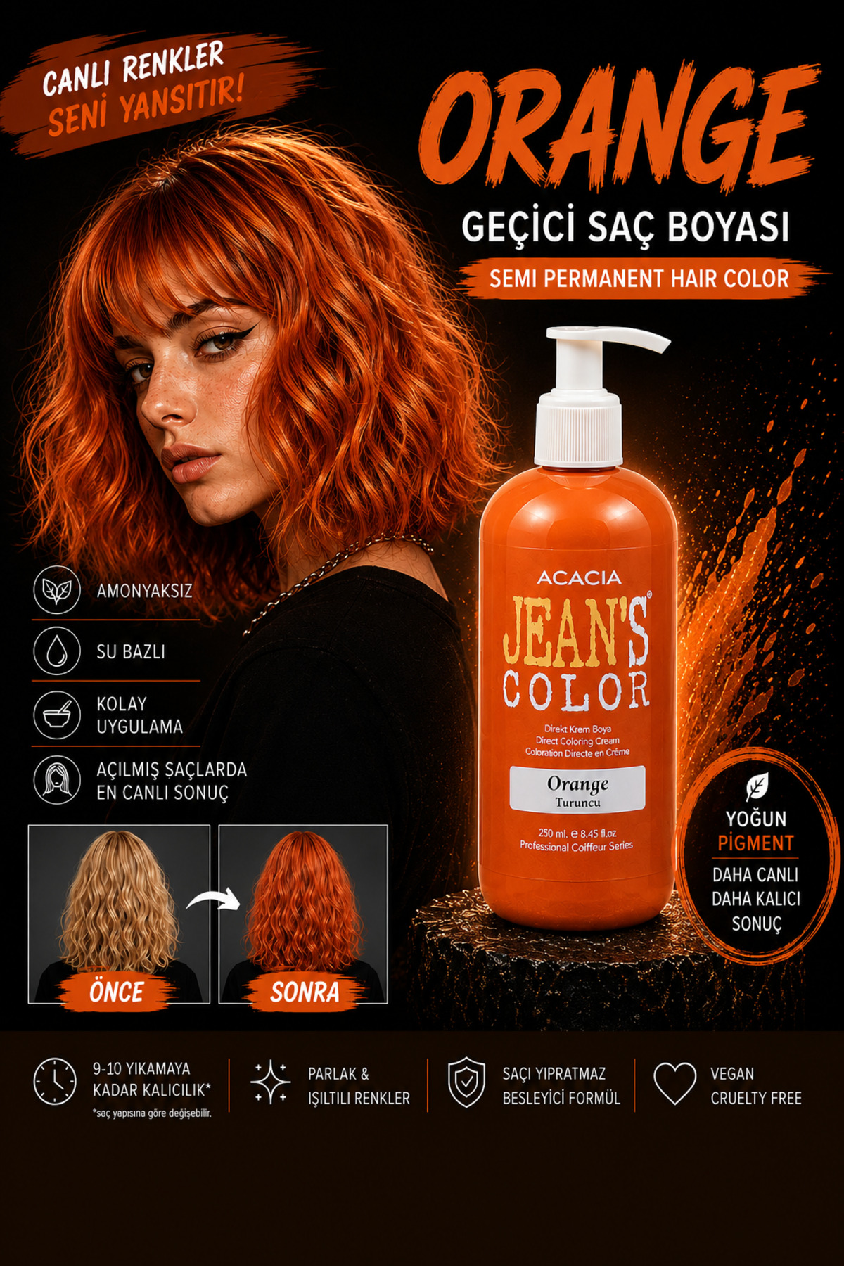 jeans color Amonyaksız Renkli Saç Boyası Turuncu 250ml. Kokusuz Su Bazlı Ornge Hair Dye