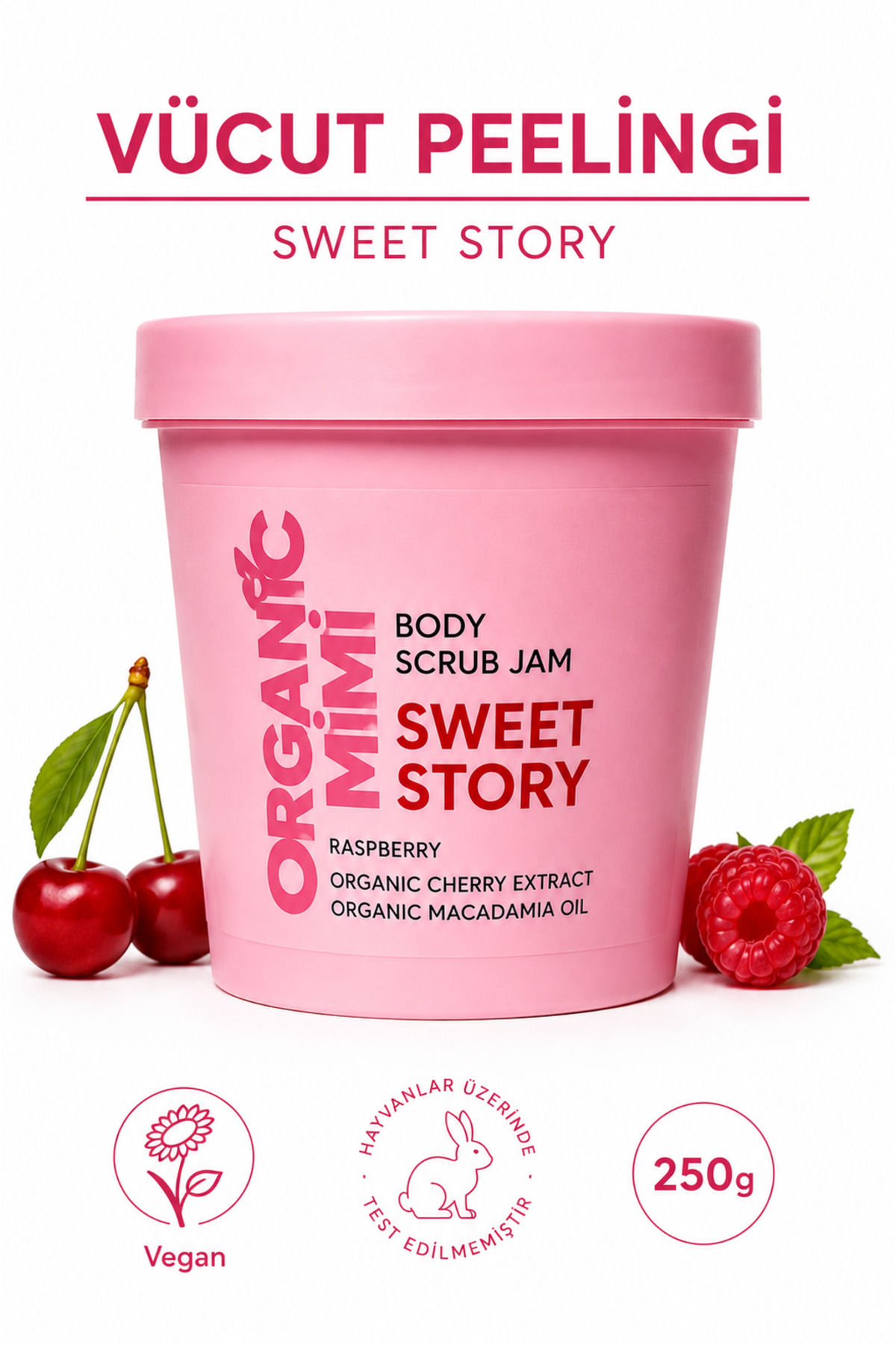 ORGANİC MİMİ Vücut Peelingi Sweet Story – Nemlendirici Vegan Vücut Peeling Jam, Çilek Bacak Peeling, 250 g