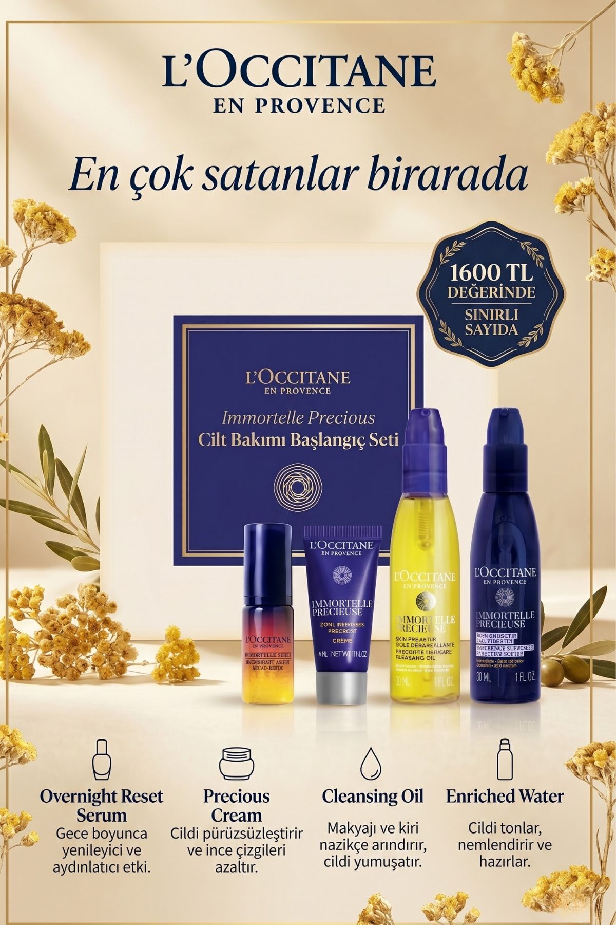 L'Occitane Immortelle Precious Cilt Bakımı Başlangıç Seti, İlk Yaşlanma Belirtileri için, 4'lü Set
