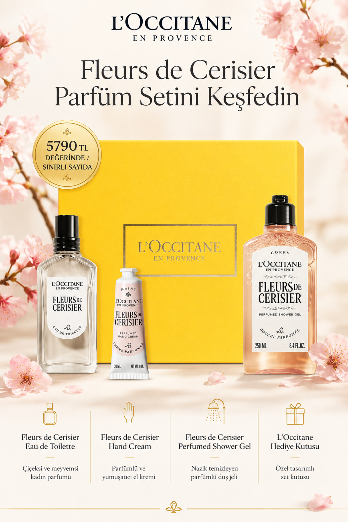 L'Occitane Fleurs de Cerisier Parfüm ve Vücut Bakım Seti, Özel Kutulu, 3'lü Set