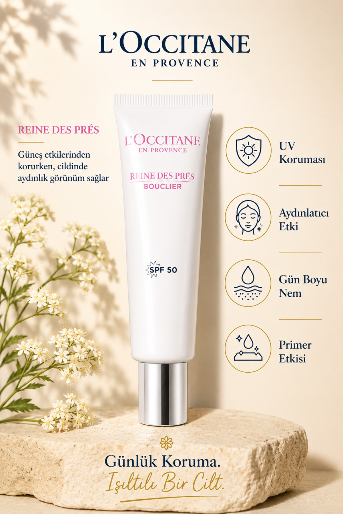 L'Occitane Reine Des Pres Aydınlatıcı UV Korumalı Yüz Kremi, SPF 50, Çayır Kraliçesi Çiçeği Özlü, 30 ml