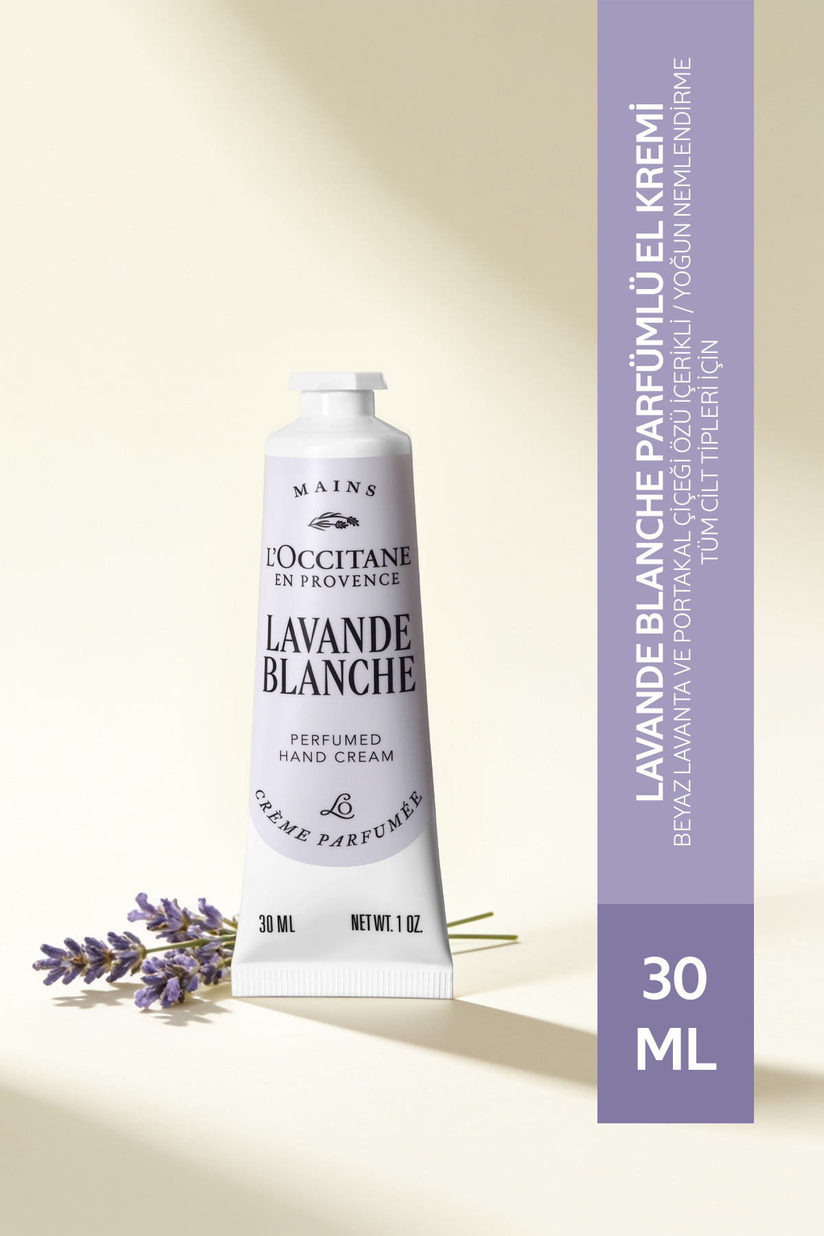 L'Occitane Lavande Blanche Parfümlü El Kremi, Beyaz Lavanta ve Portakal Çiçeği Özü İçeren Besleyici ve Nemlendirici, 30 ml