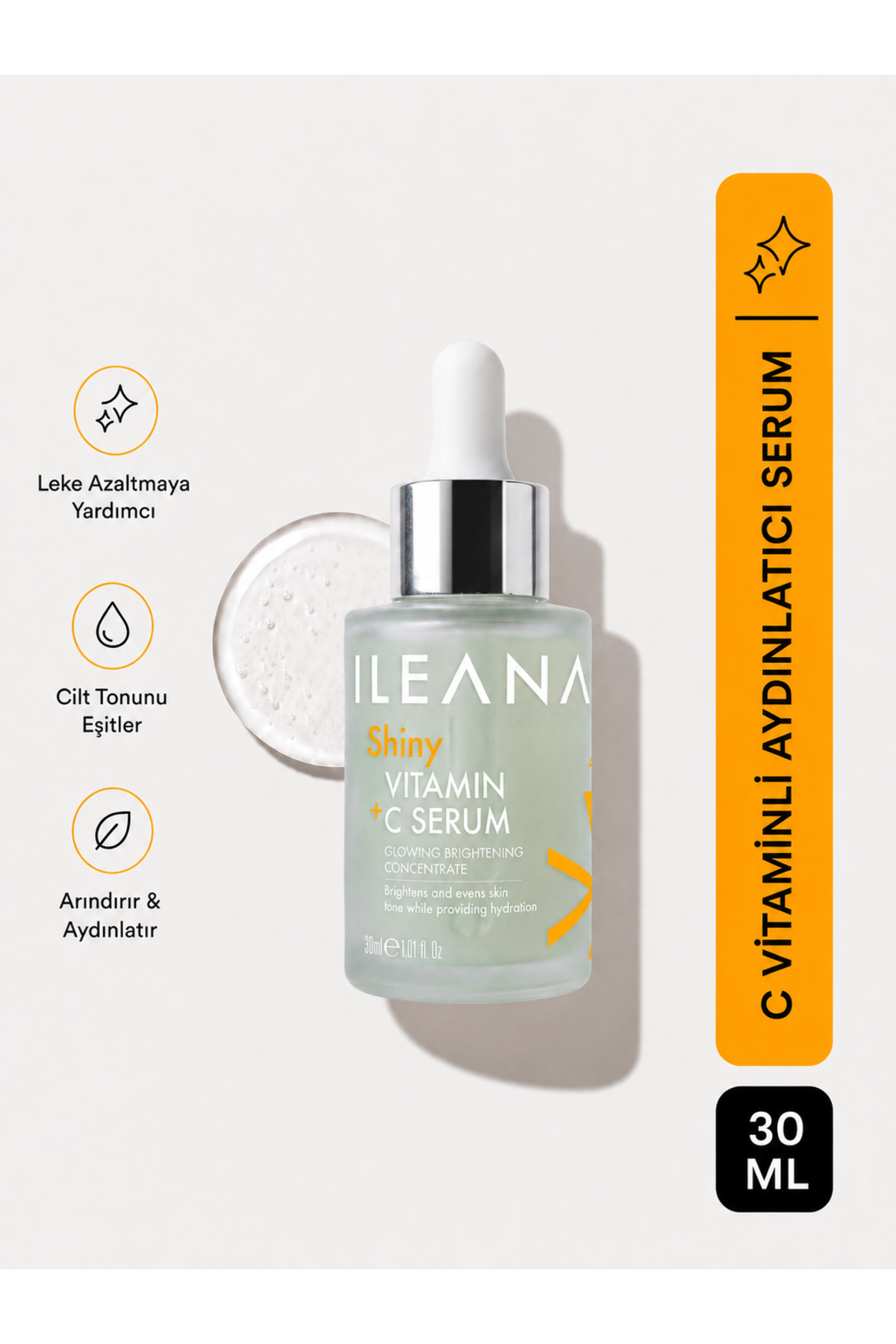 ILEANA C Vitamini, Ferulik Asit & Alpha Arbutin İçeren Aydınlatıcı ve Leke Karşıtı Yüz Serumu 30 ml