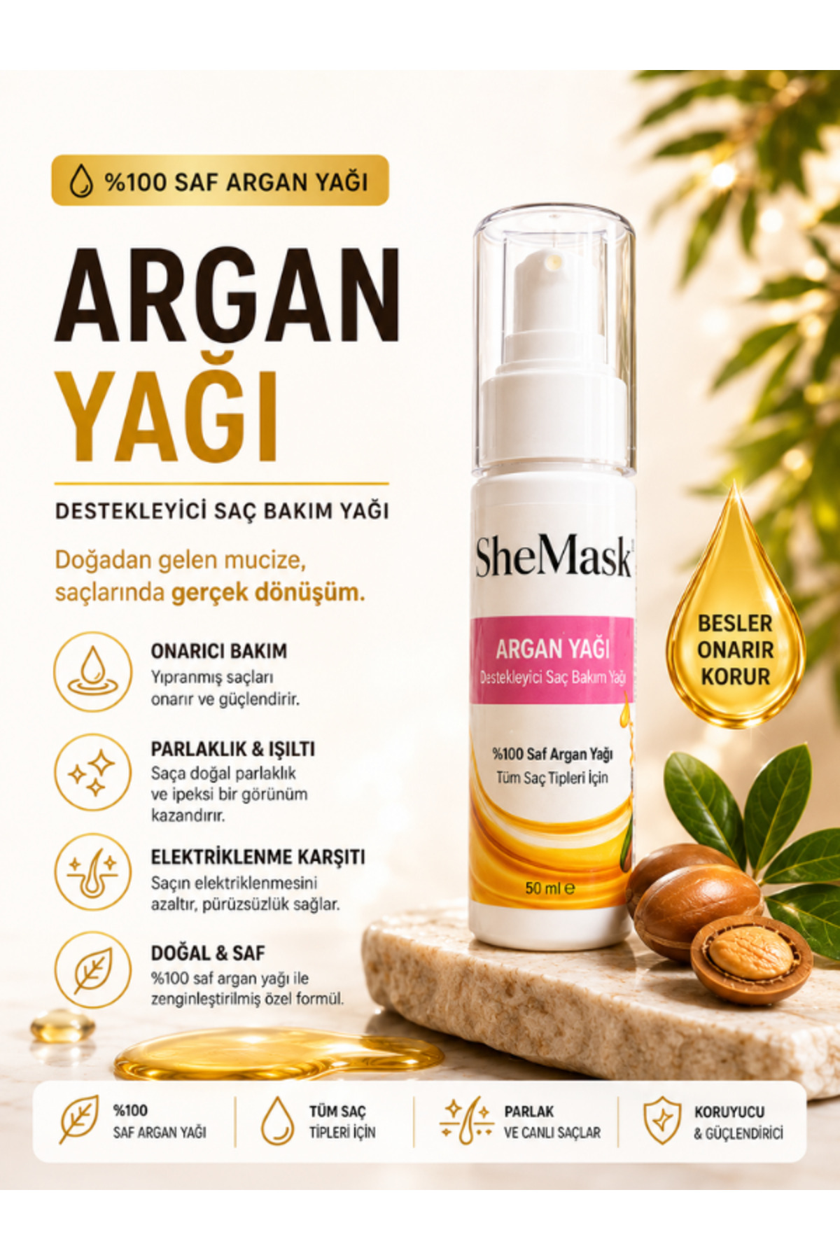SheMask Argan Yağı Saç Yağı Saç Bakım Yağı E Vitaminli Isı Koruyucu Yıpranmış Saç Bakım Saç Isı Koruyucu Parlaklık Veren Besleyici Onarıcı Saç Bakımı Yağı Elektriklenme Karşıtı Saç Bakım Ürünleri Saç Vitamini